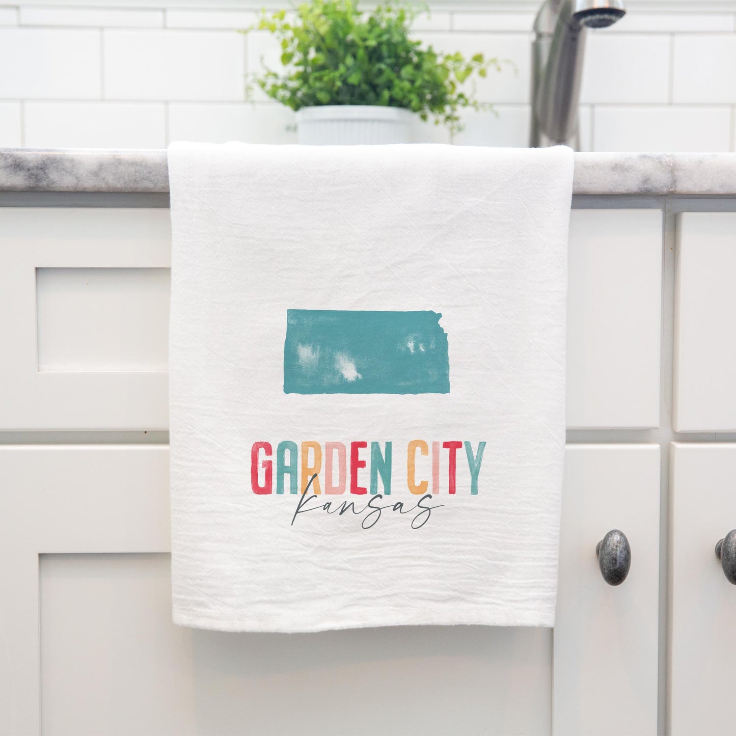 Cotton Tea Towel White-Watercolor City Garden City Kansas -3