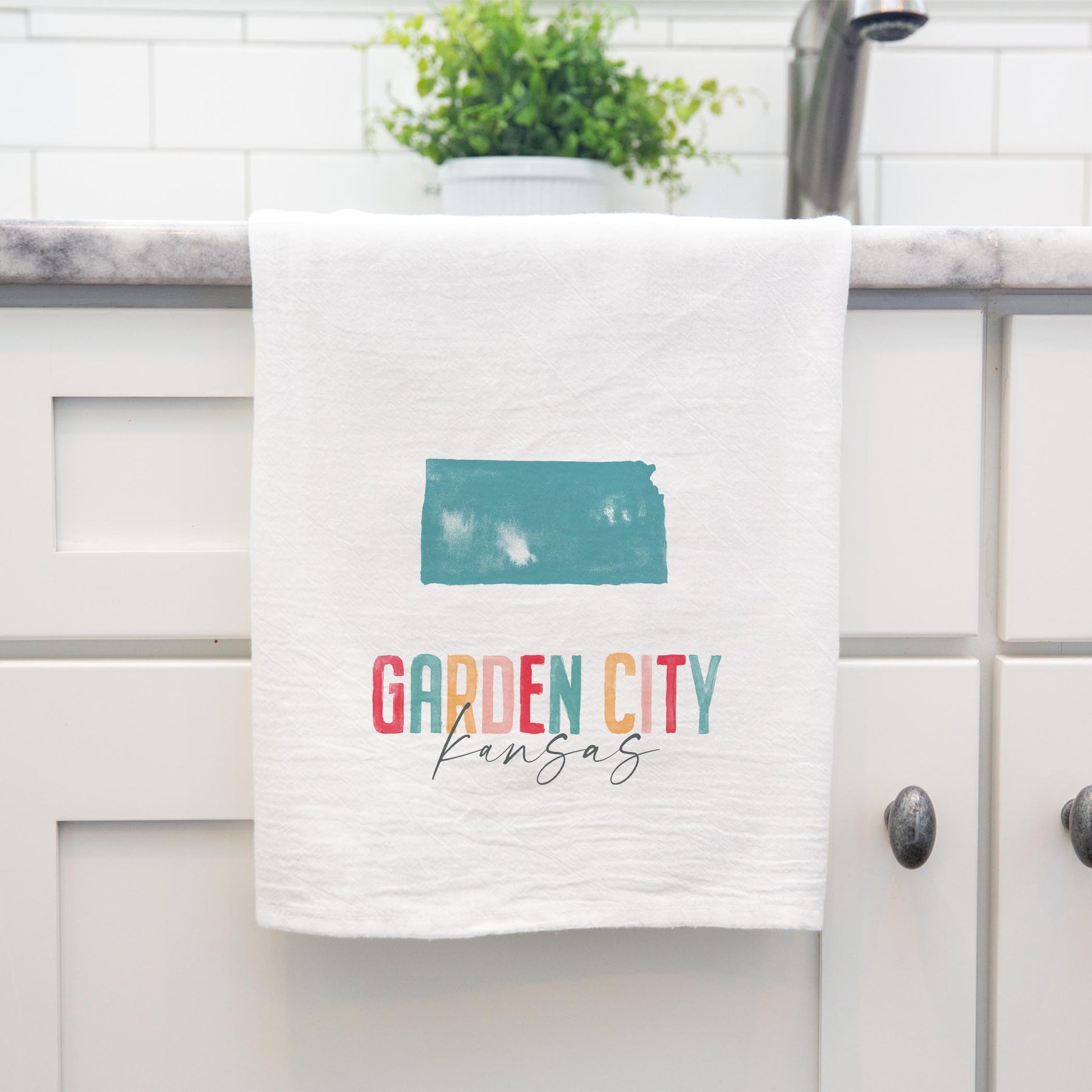 Cotton Tea Towel White-Watercolor City Garden City Kansas -3