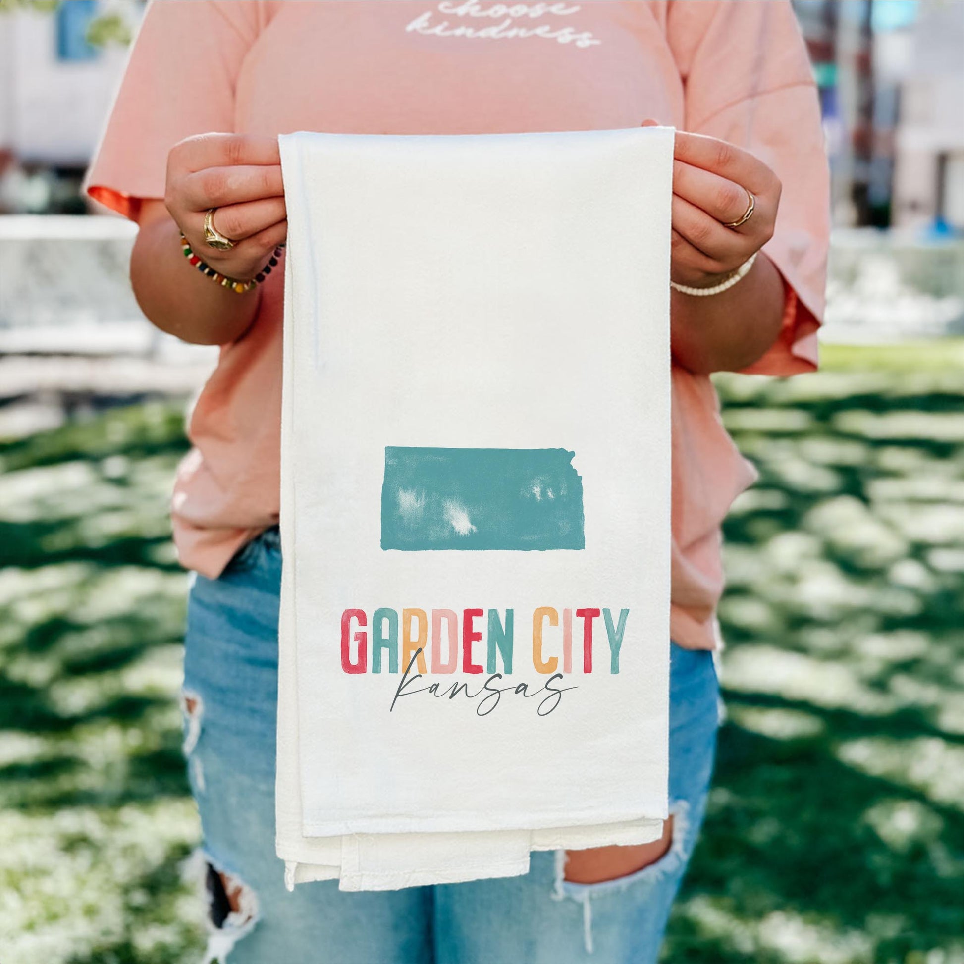 Cotton Tea Towel White-Watercolor City Garden City Kansas -4