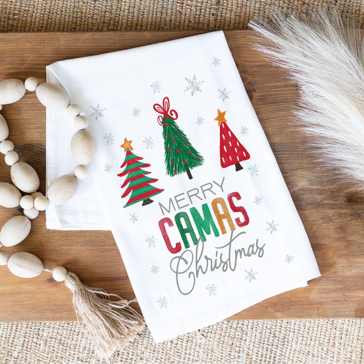 Cotton Tea Towel White-Merry Camas Christmas Traditional -1