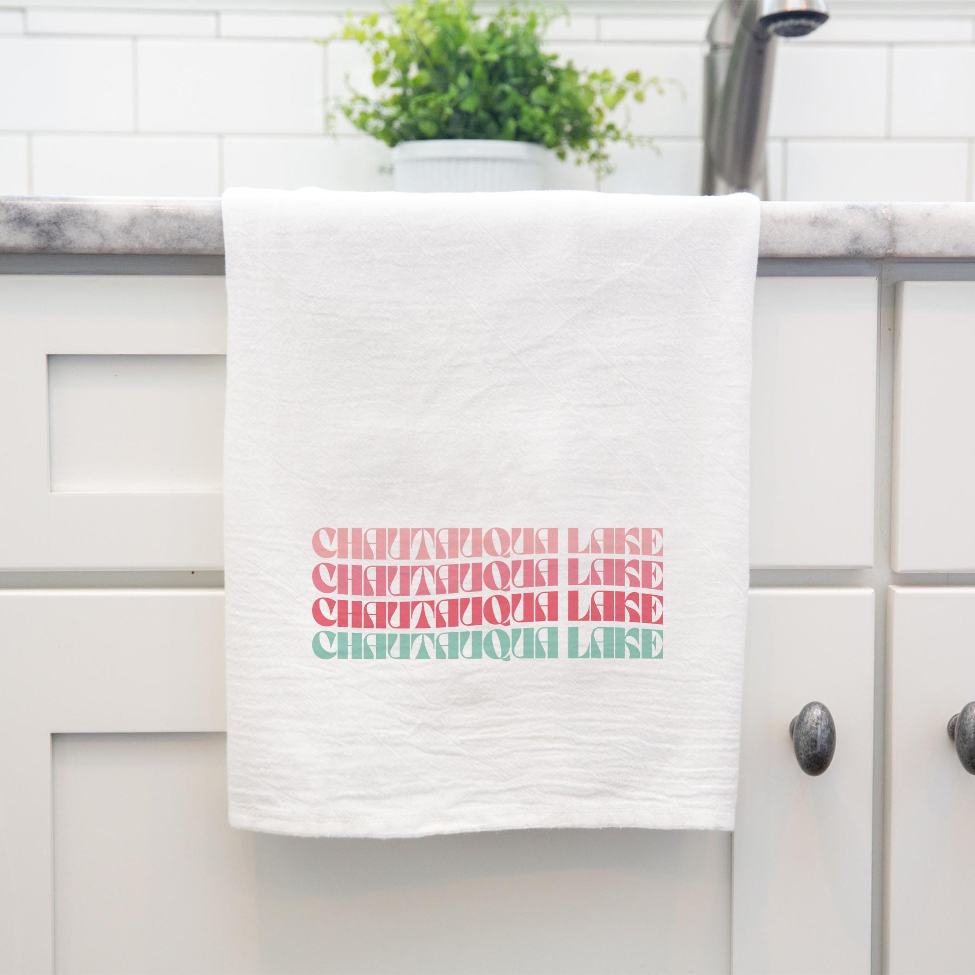 Cotton Tea Towel White-Retro Wave Chautauqua Lake -3