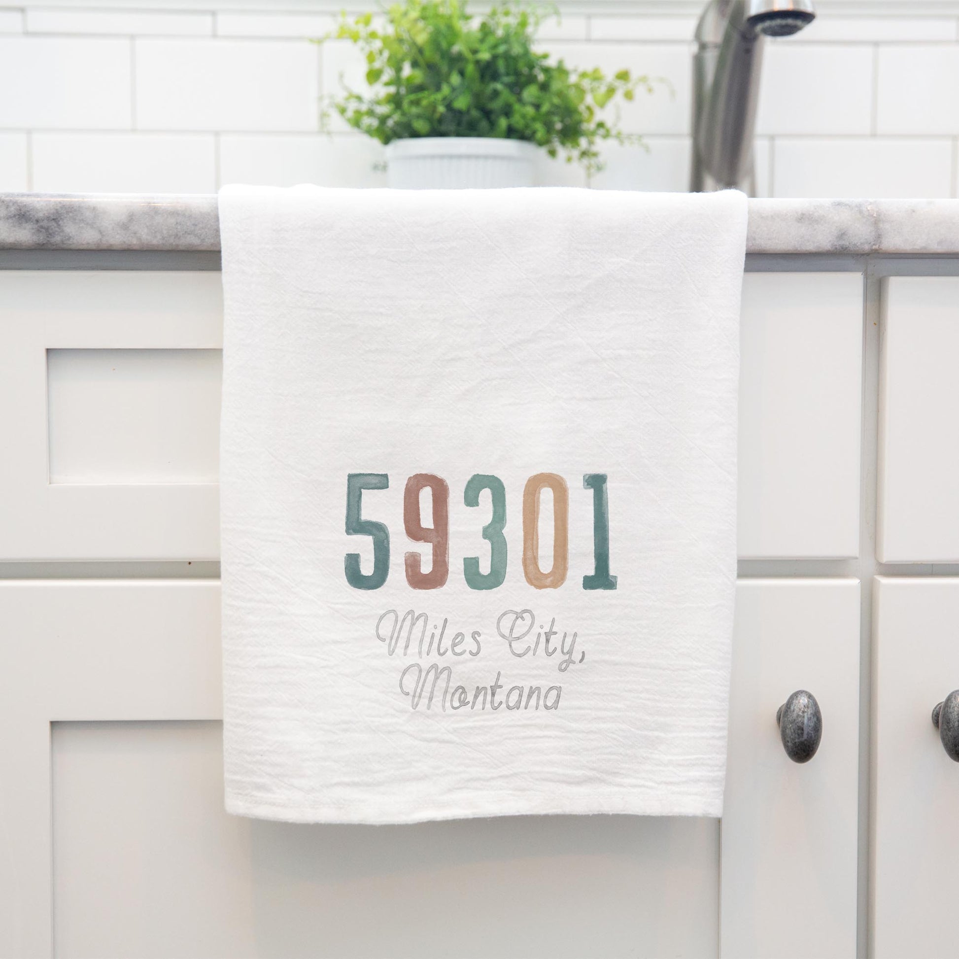 Cotton Tea Towel White-Watercolor Zip 59301 Miles City Montana Nature Walk -3