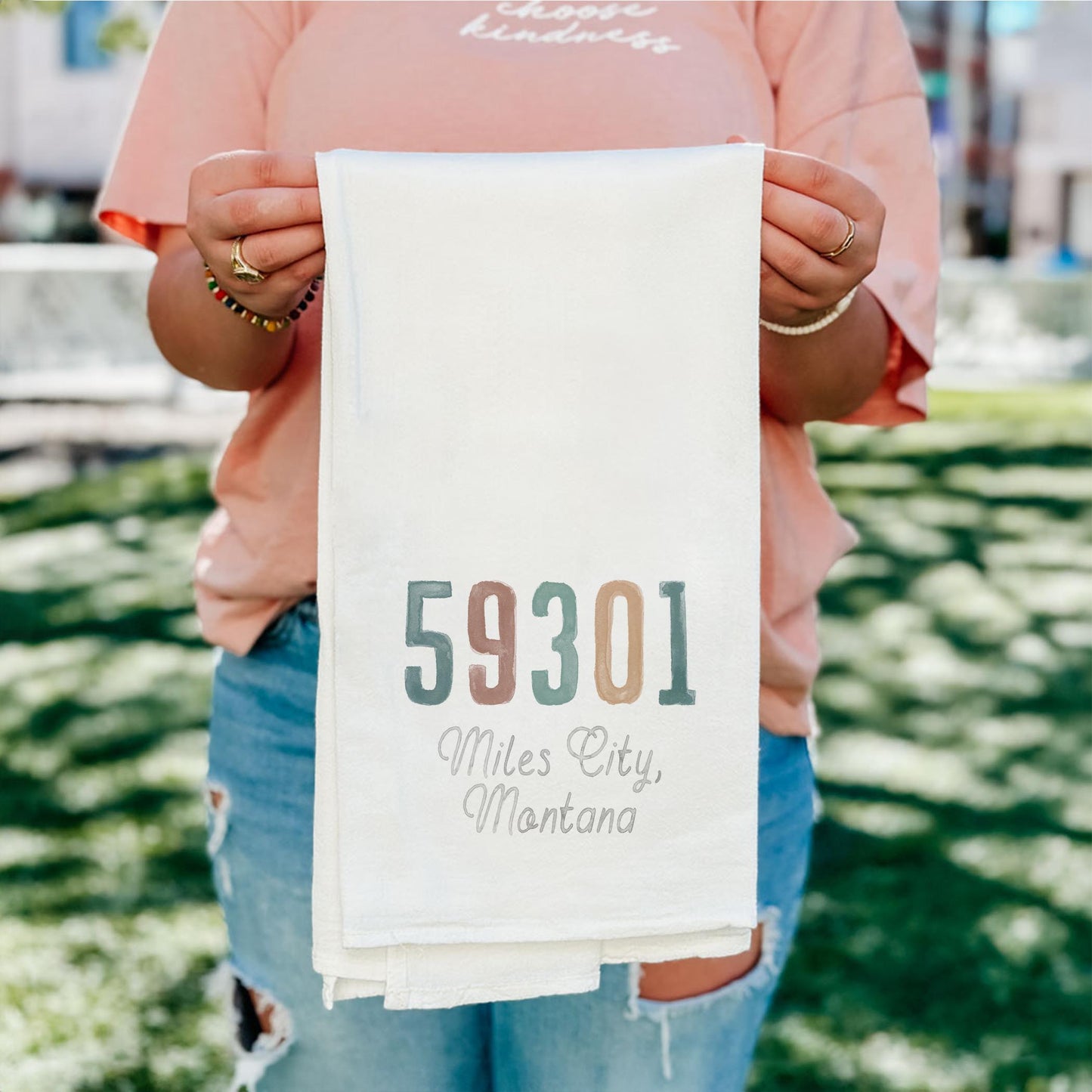 Cotton Tea Towel White-Watercolor Zip 59301 Miles City Montana Nature Walk -4