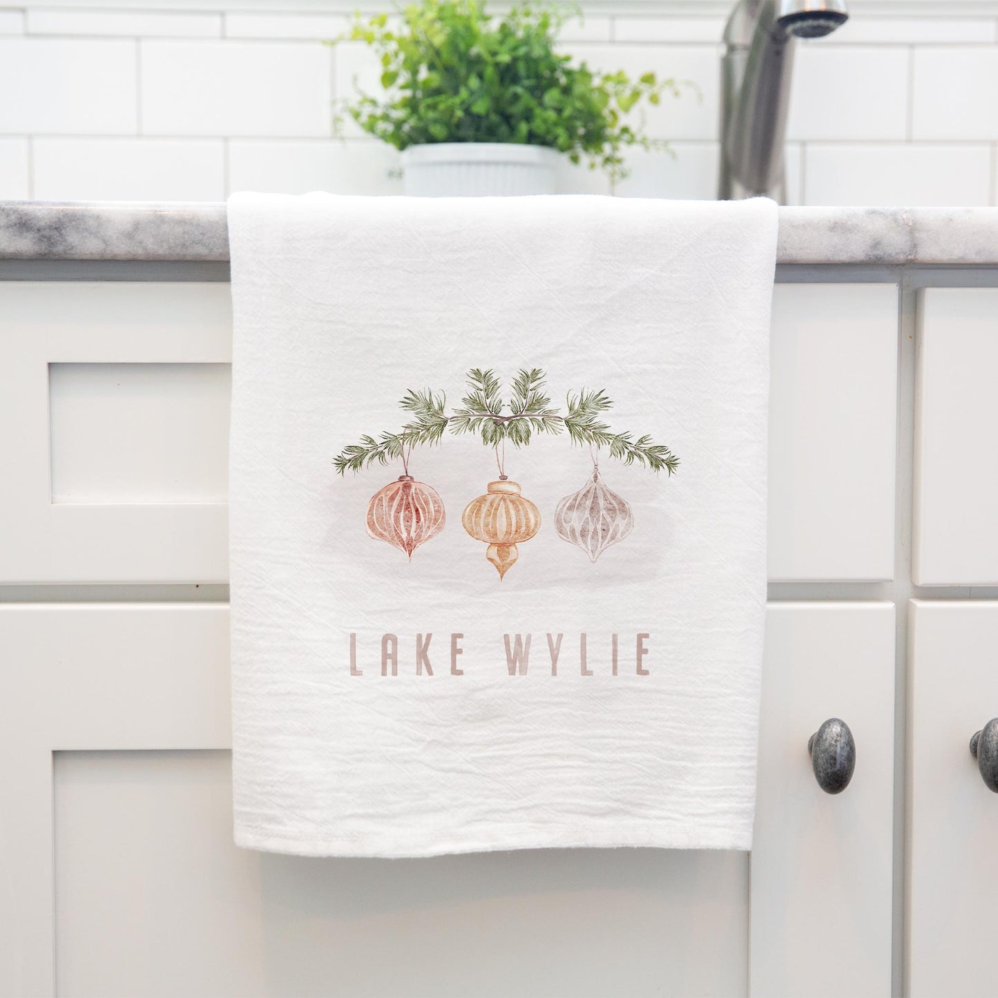 Cotton Tea Towel White-Ornaments Lake Wylie -3