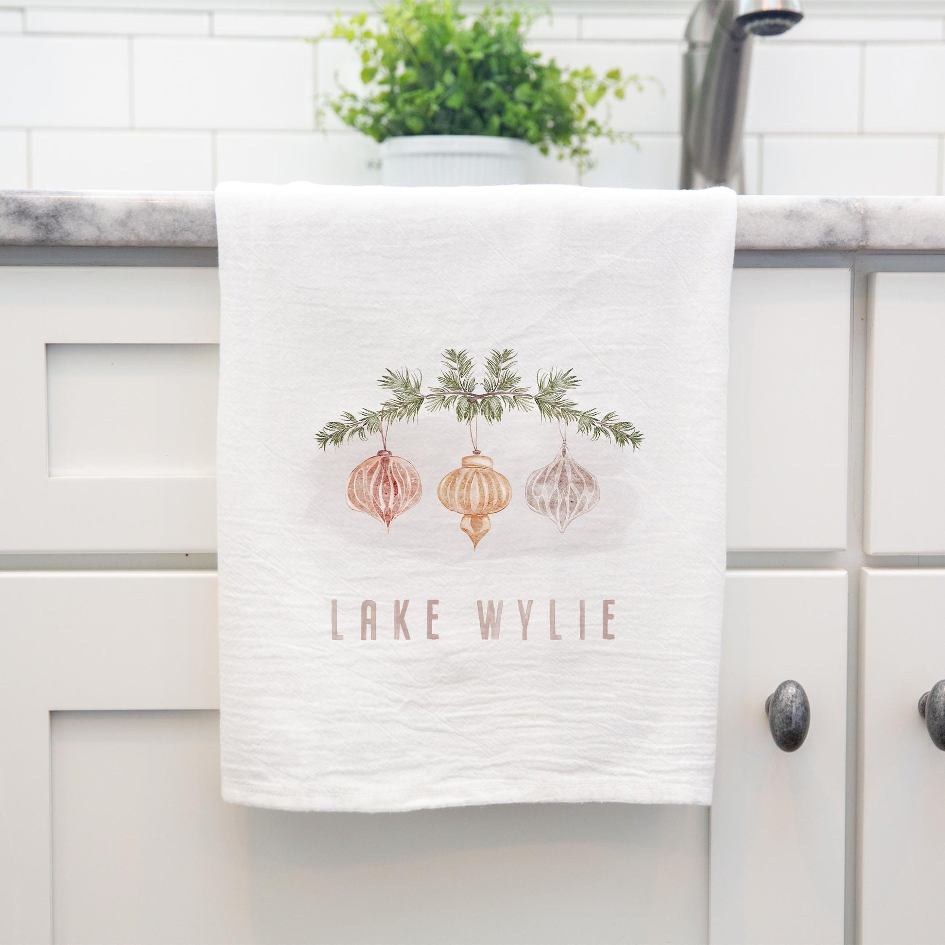 Cotton Tea Towel White-Ornaments Lake Wylie -3
