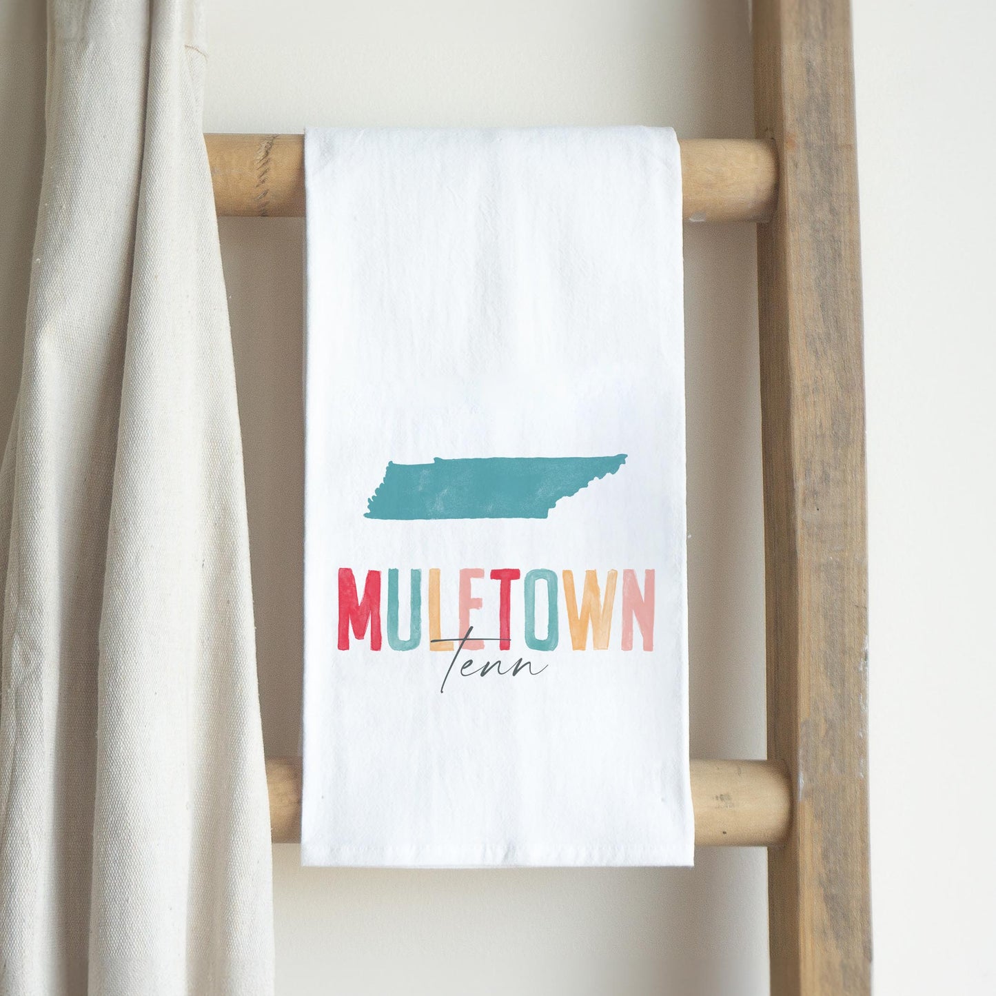 Cotton Tea Towel White-Watercolor City Muletown Tenn -2