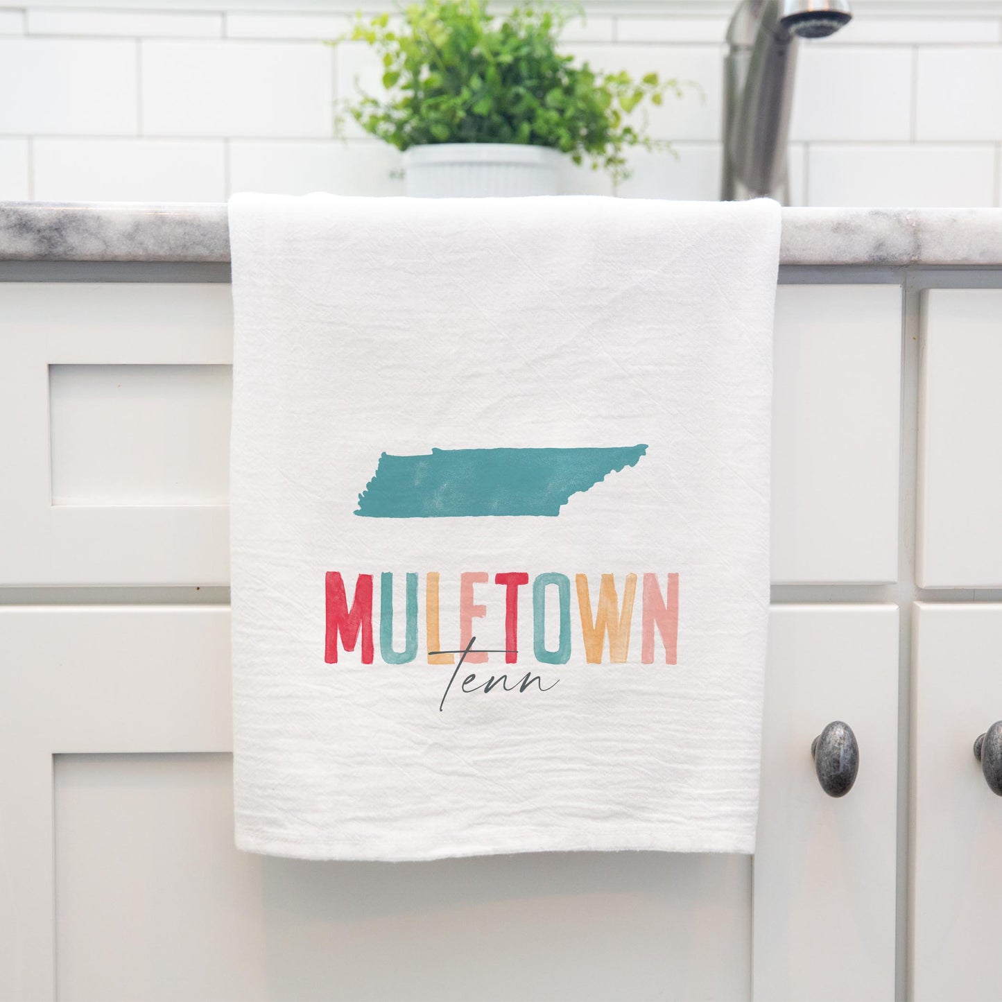 Cotton Tea Towel White-Watercolor City Muletown Tenn -3