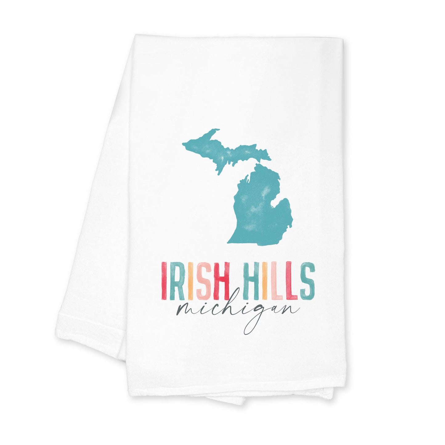 Cotton Tea Towel White-Watercolor City Irish Hills Michigan -0