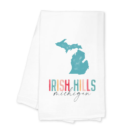 Cotton Tea Towel White-Watercolor City Irish Hills Michigan -0