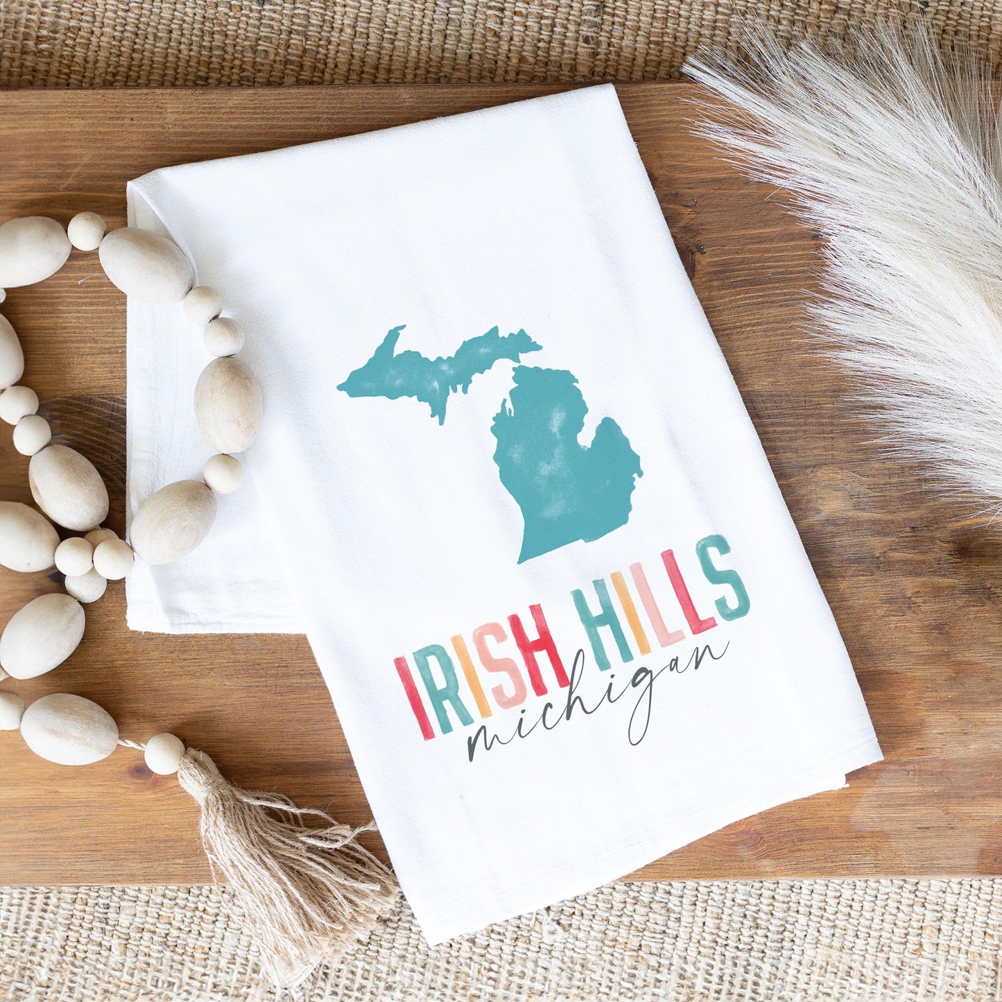 Cotton Tea Towel White-Watercolor City Irish Hills Michigan -1