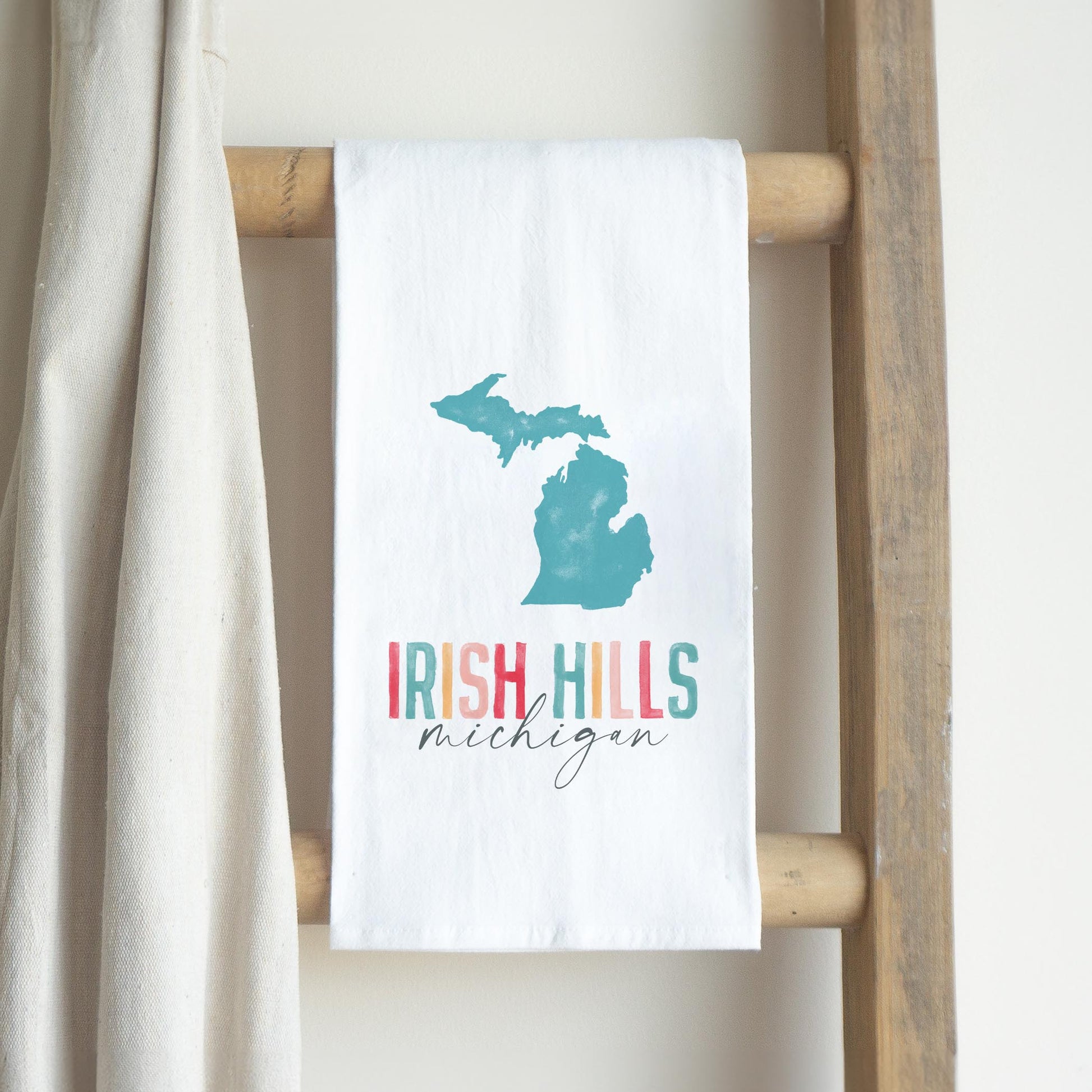 Cotton Tea Towel White-Watercolor City Irish Hills Michigan -2