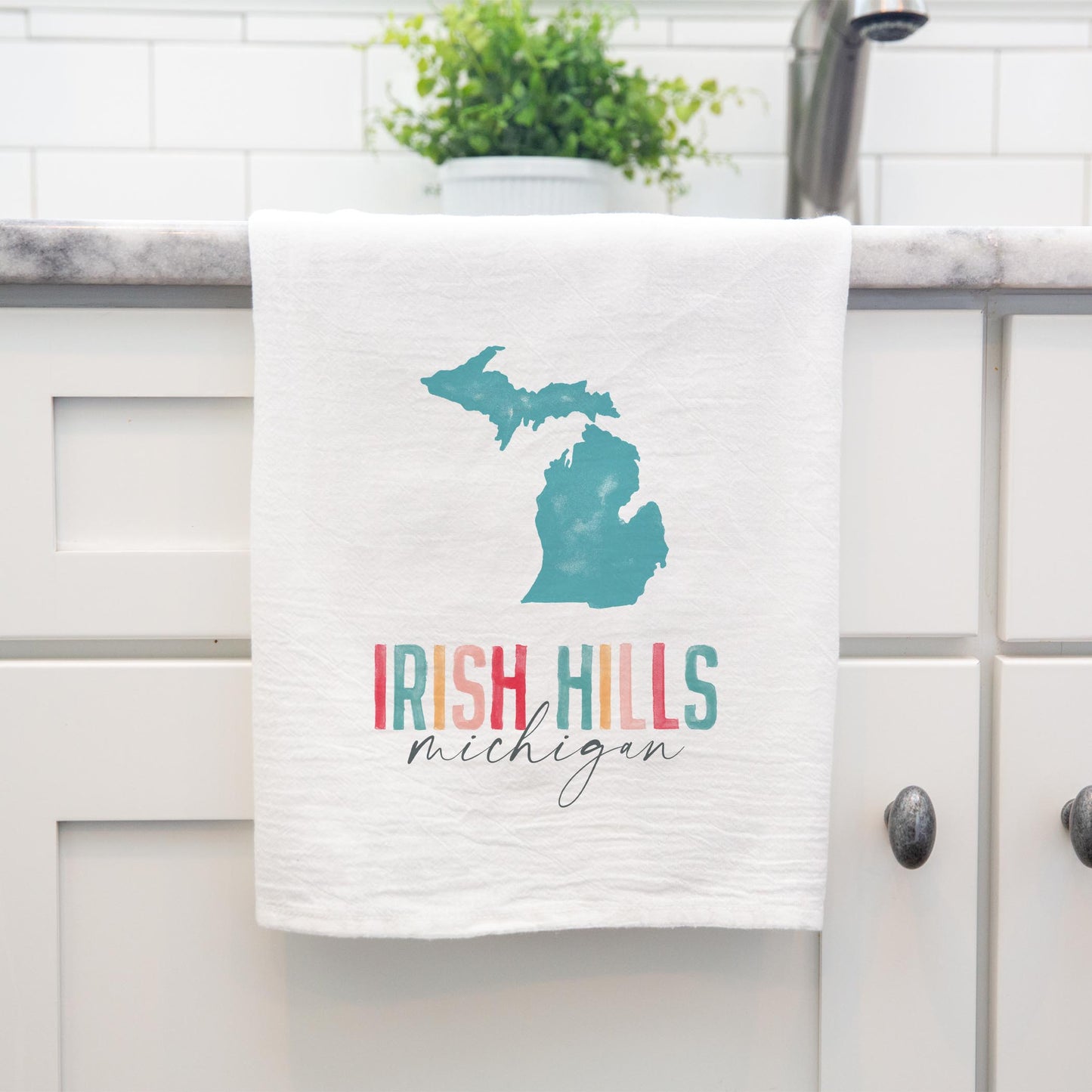 Cotton Tea Towel White-Watercolor City Irish Hills Michigan -3