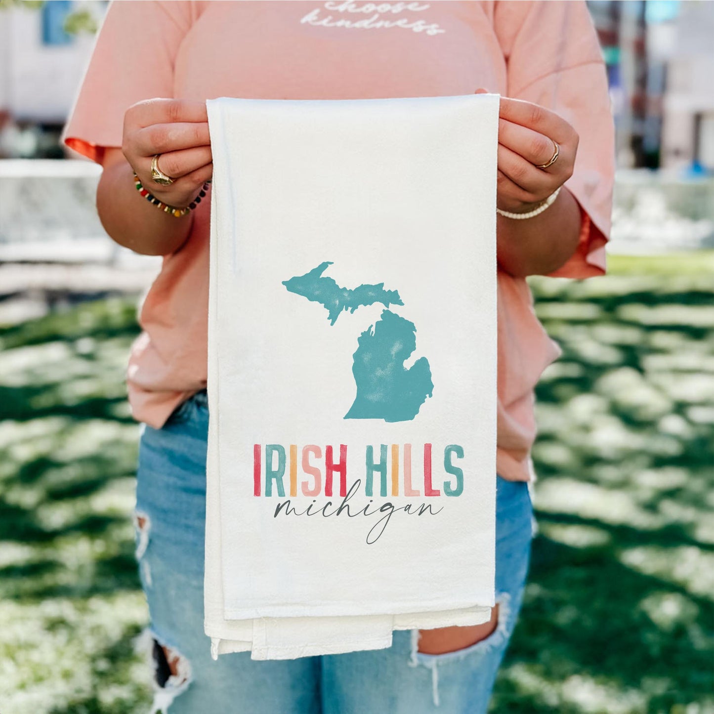 Cotton Tea Towel White-Watercolor City Irish Hills Michigan -4