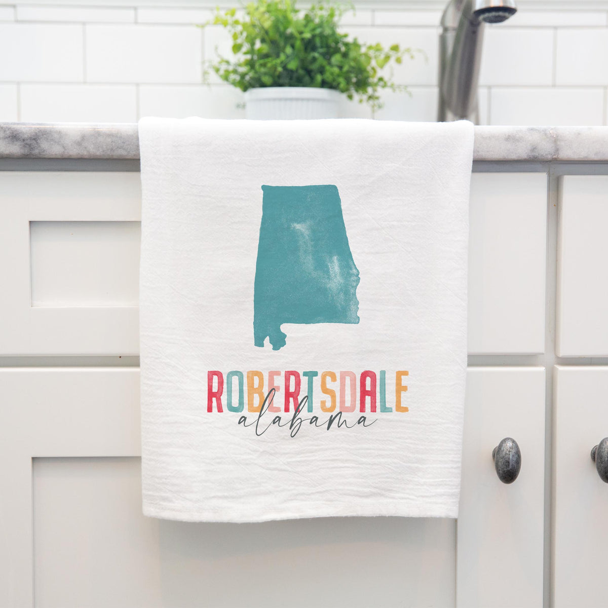 Cotton Tea Towel White-Watercolor City Robertsdale Alabama -3
