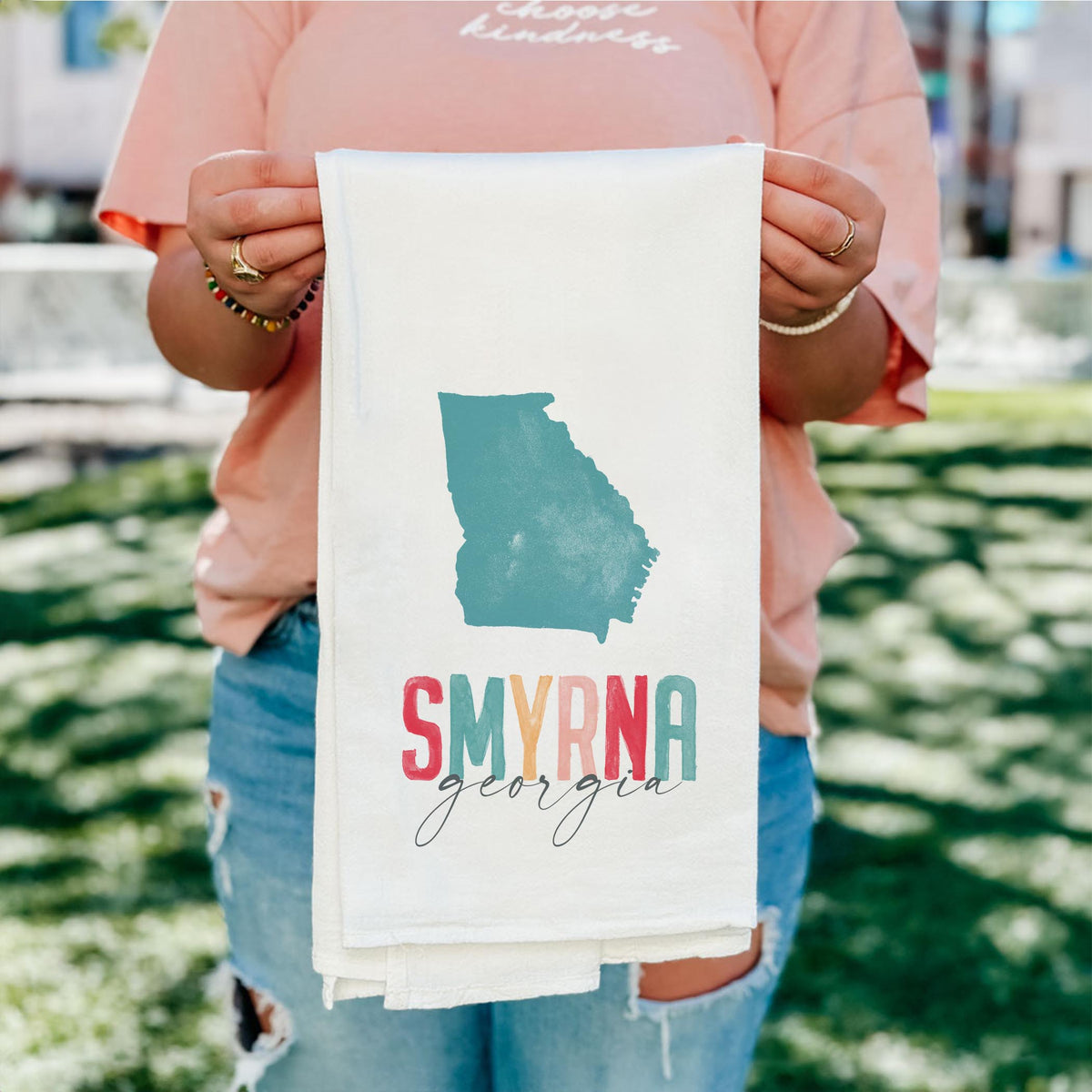 Cotton Tea Towel White-Watercolor City Smyrna Georgia -4