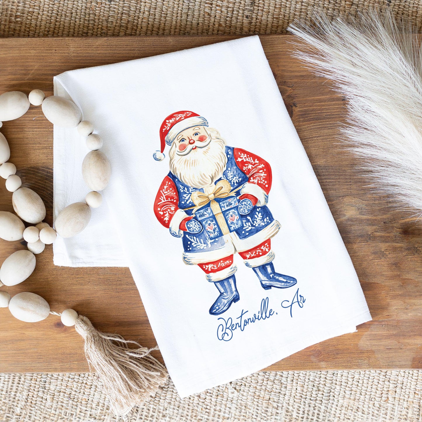 Cotton Tea Towel White-Love+Local Blue Noel - A Grand Millennial Christmas