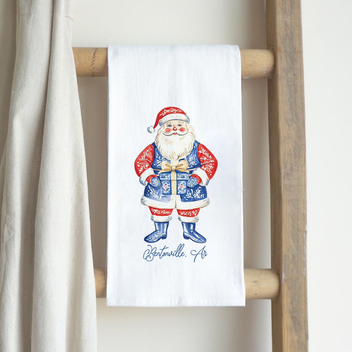 Cotton Tea Towel White-Love+Local Blue Noel - A Grand Millennial Christmas