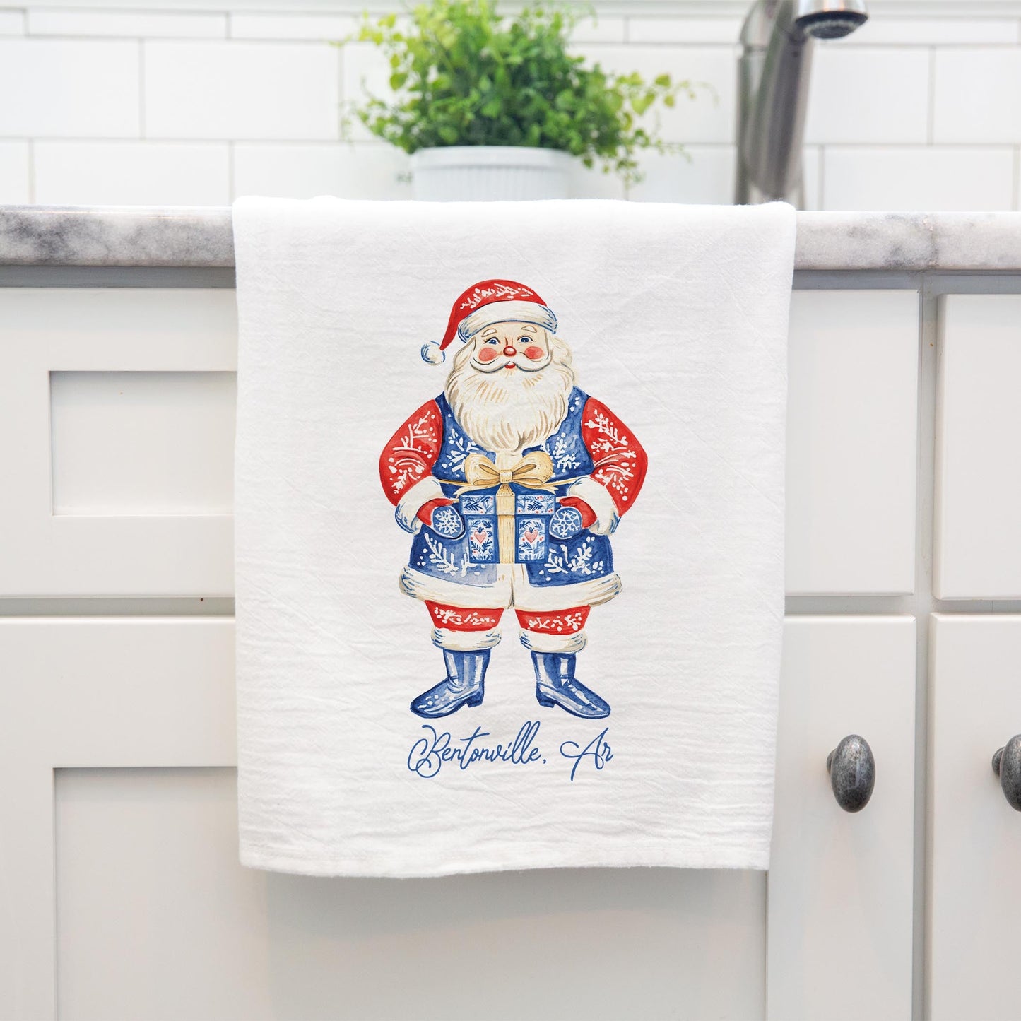 Cotton Tea Towel White-Love+Local Blue Noel - A Grand Millennial Christmas