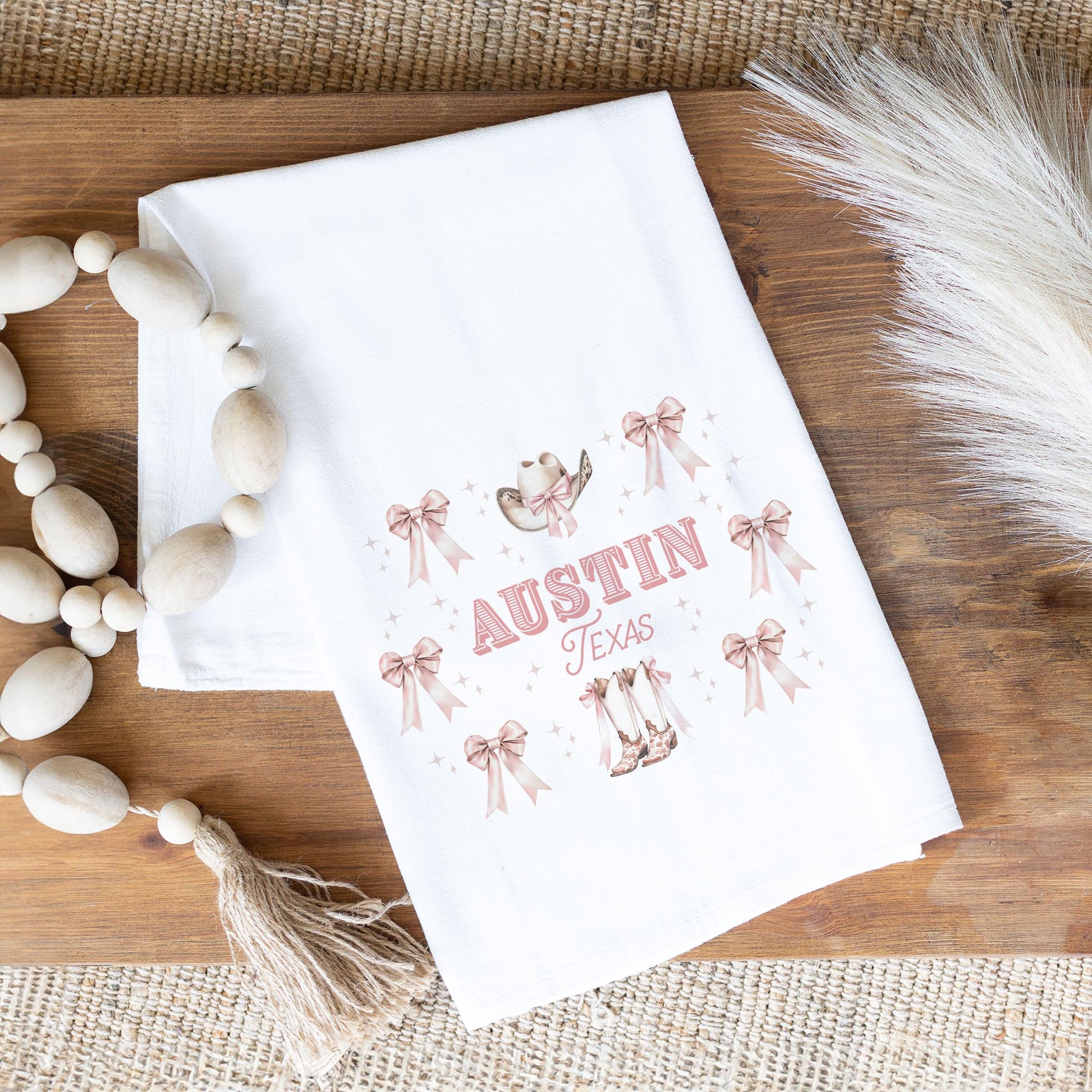 Cotton Tea Towel White-Love+Local Coquette Cowgirl Bows -1