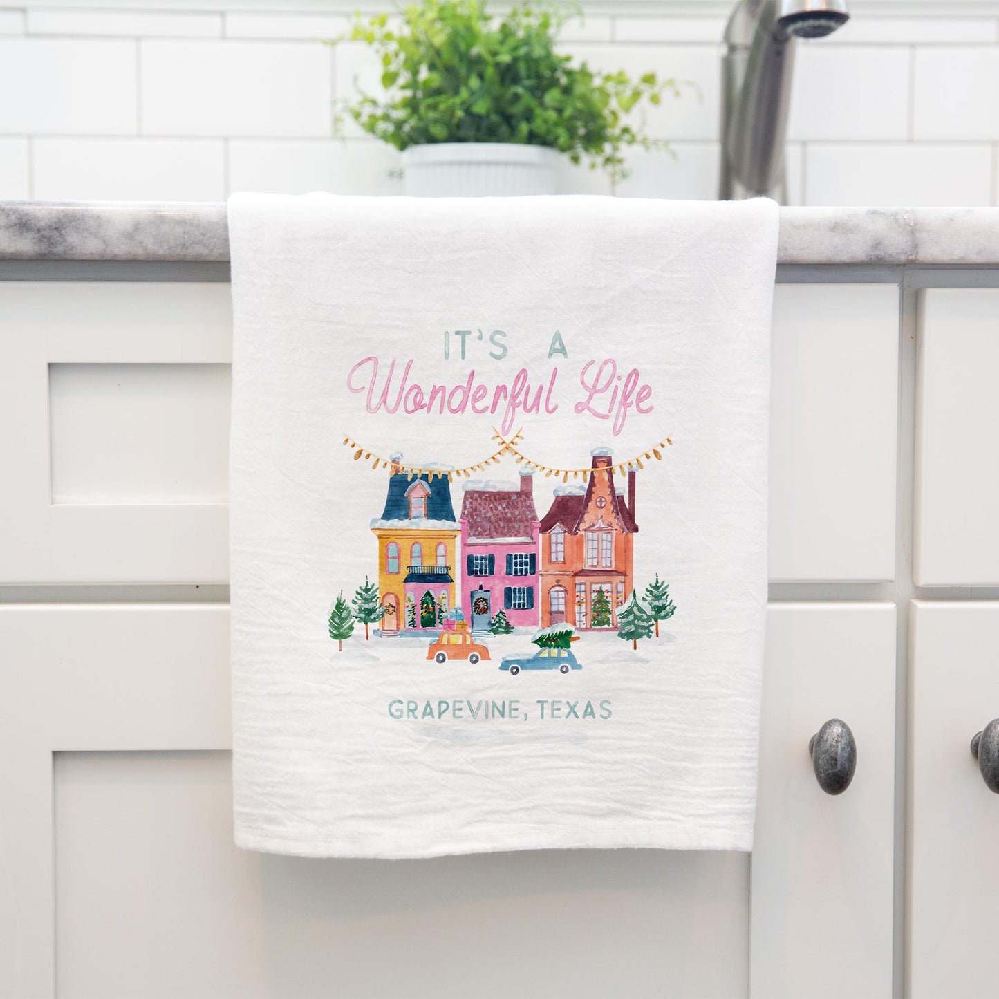 Cotton Tea Towel White-It's A Wonderful Life Grapevine Texas