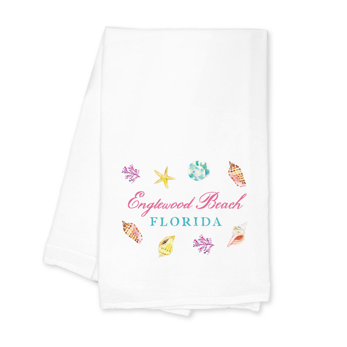 Cotton Tea Towel White-Shells & Shoreline Englewood Beach -0