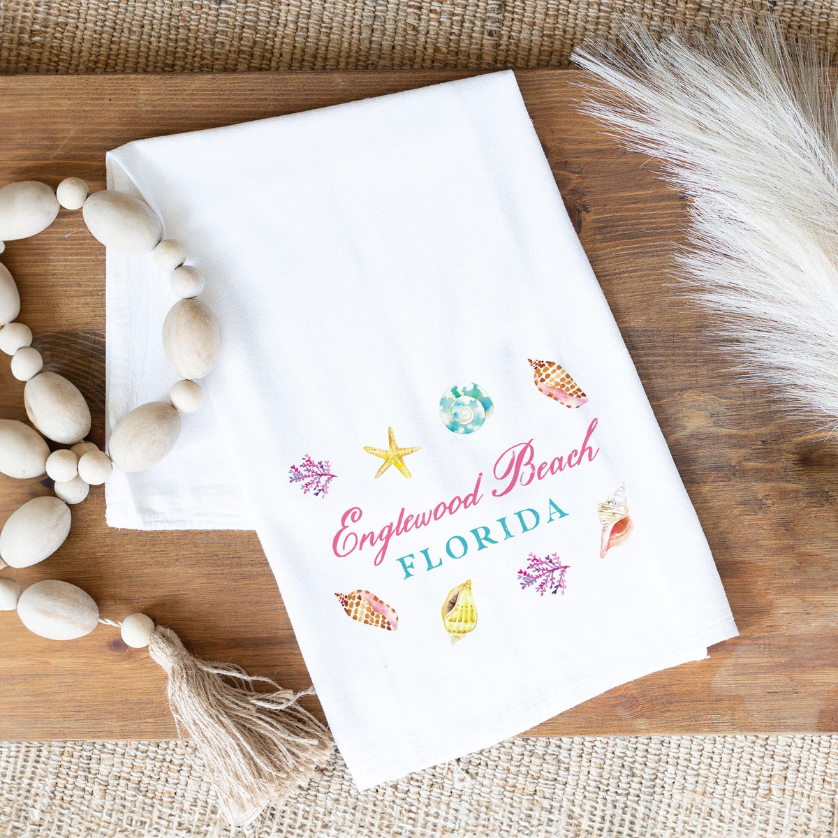Cotton Tea Towel White-Shells & Shoreline Englewood Beach -1