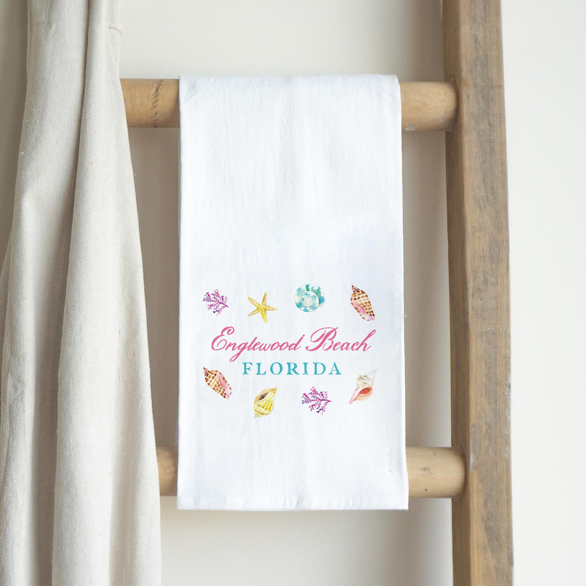 Cotton Tea Towel White-Shells & Shoreline Englewood Beach -2