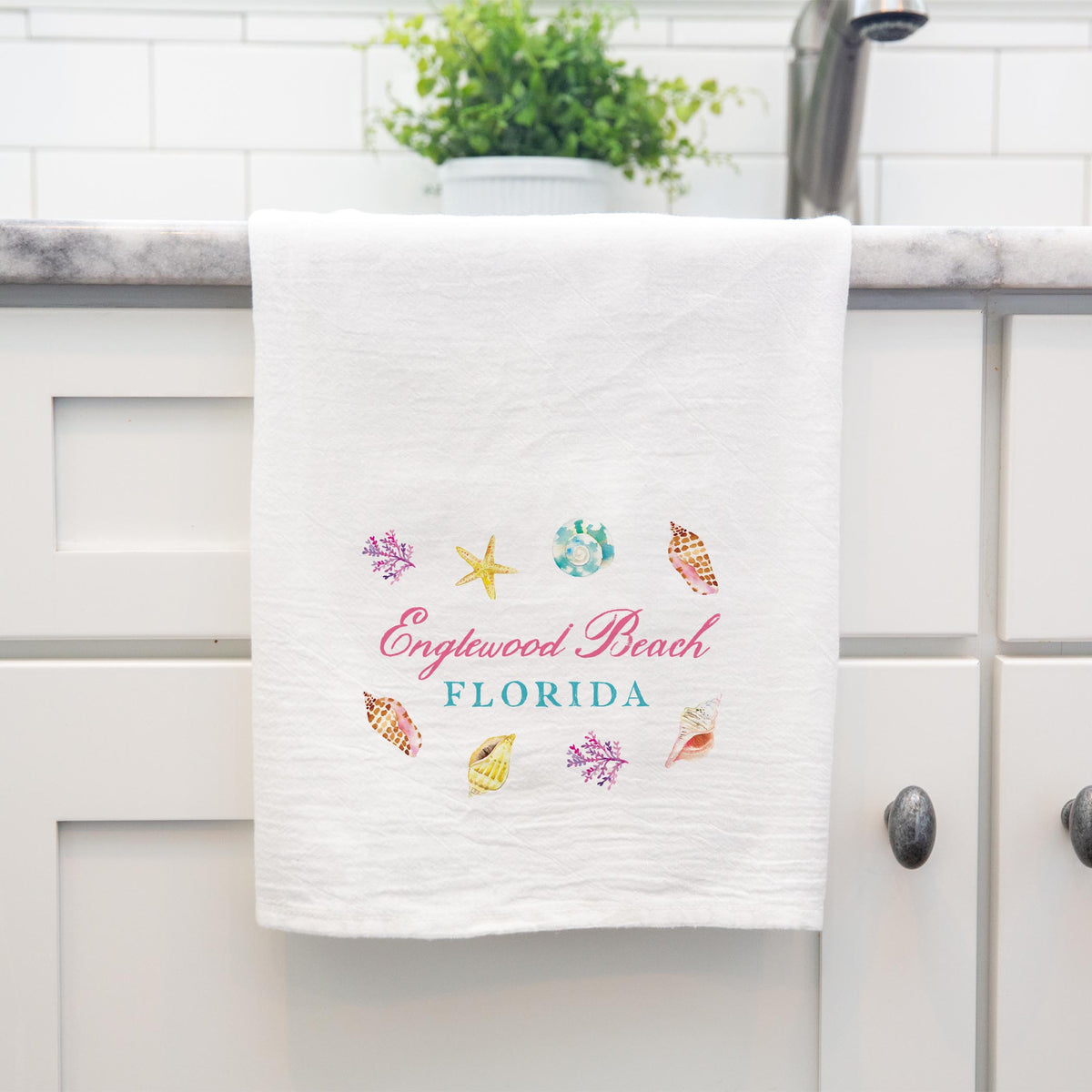 Cotton Tea Towel White-Shells & Shoreline Englewood Beach -3