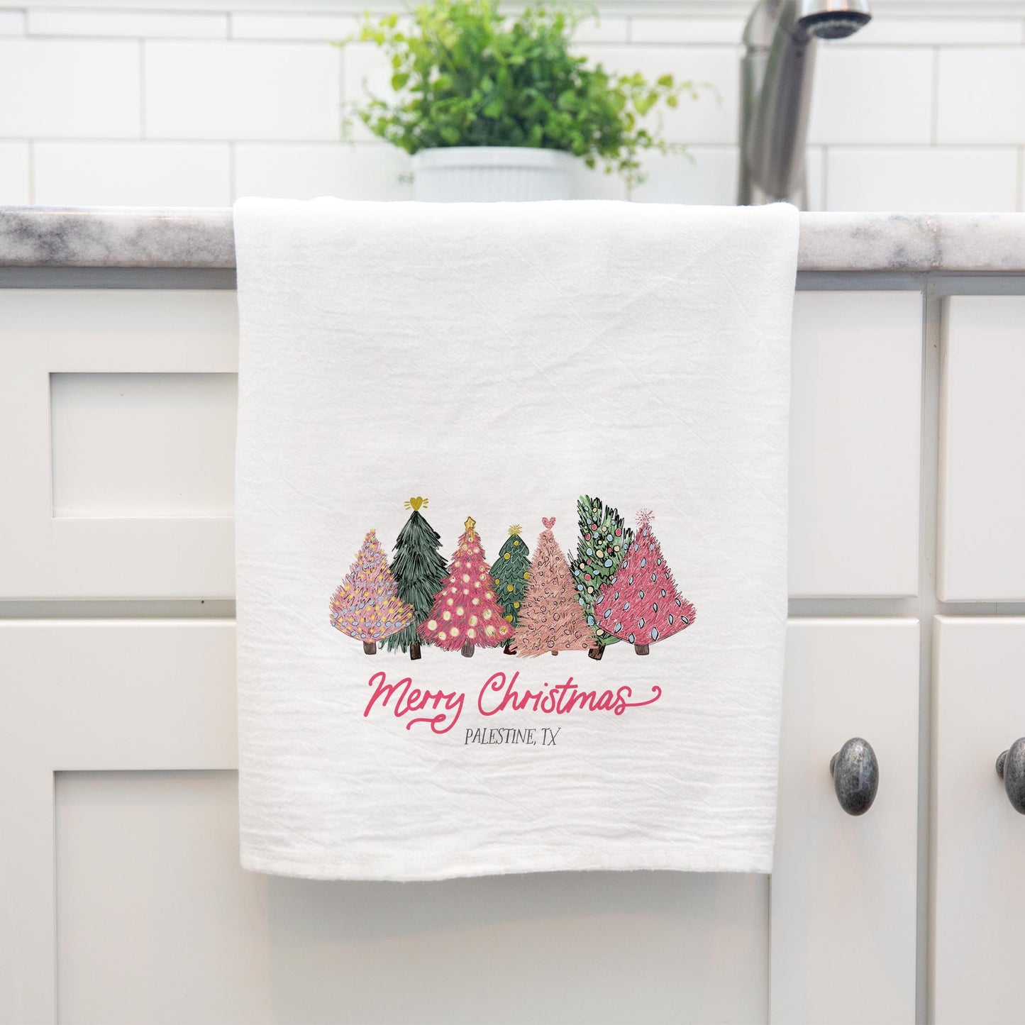 Cotton Tea Towel White-Pink Trees Palestine, TX -3