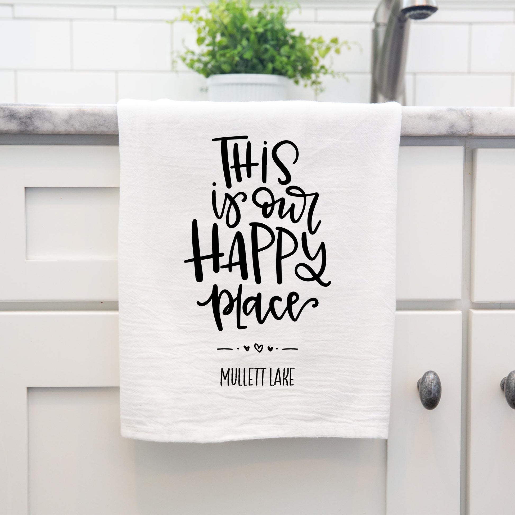 Cotton Tea Towel White-Our Happy Place Mullett Lake -3