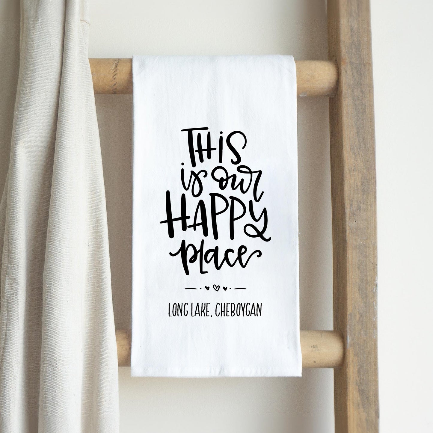 Cotton Tea Towel White-Our Happy Place Long Lake Cheboygan -2