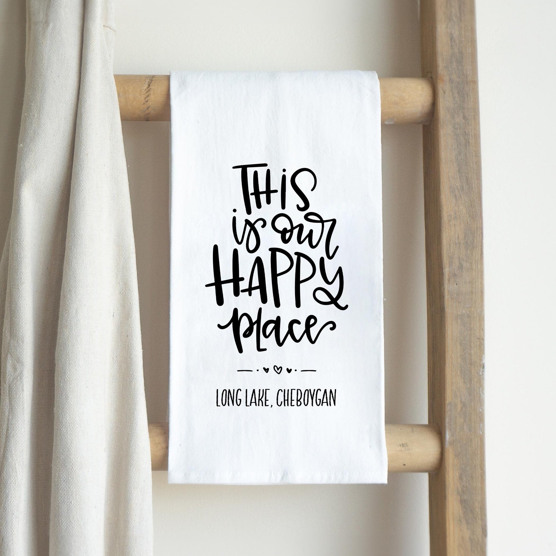 Cotton Tea Towel White-Our Happy Place Long Lake Cheboygan -2