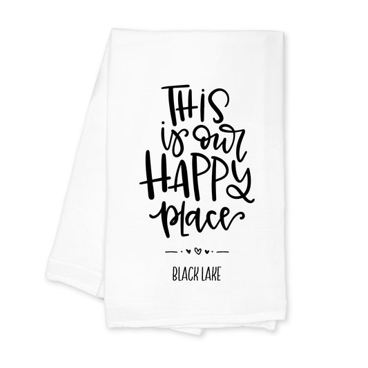 Cotton Tea Towel White-Our Happy Place Black Lake -0