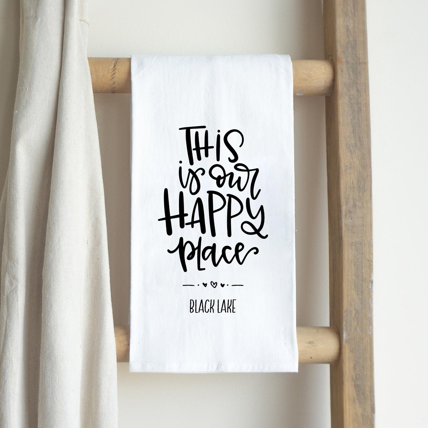 Cotton Tea Towel White-Our Happy Place Black Lake -2