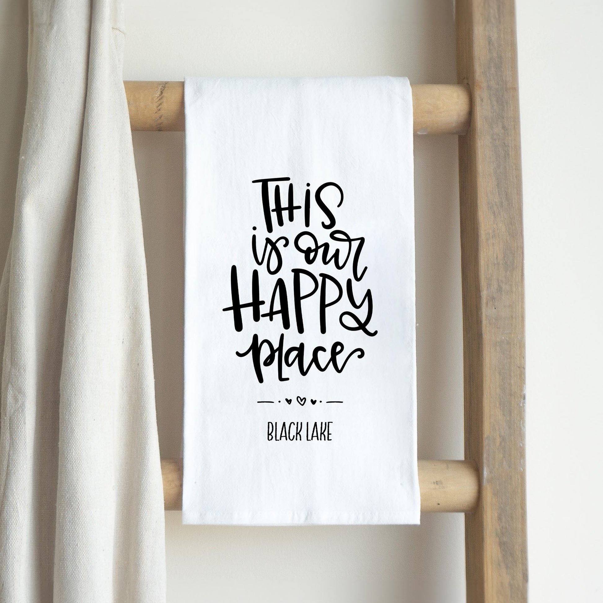 Cotton Tea Towel White-Our Happy Place Black Lake -2