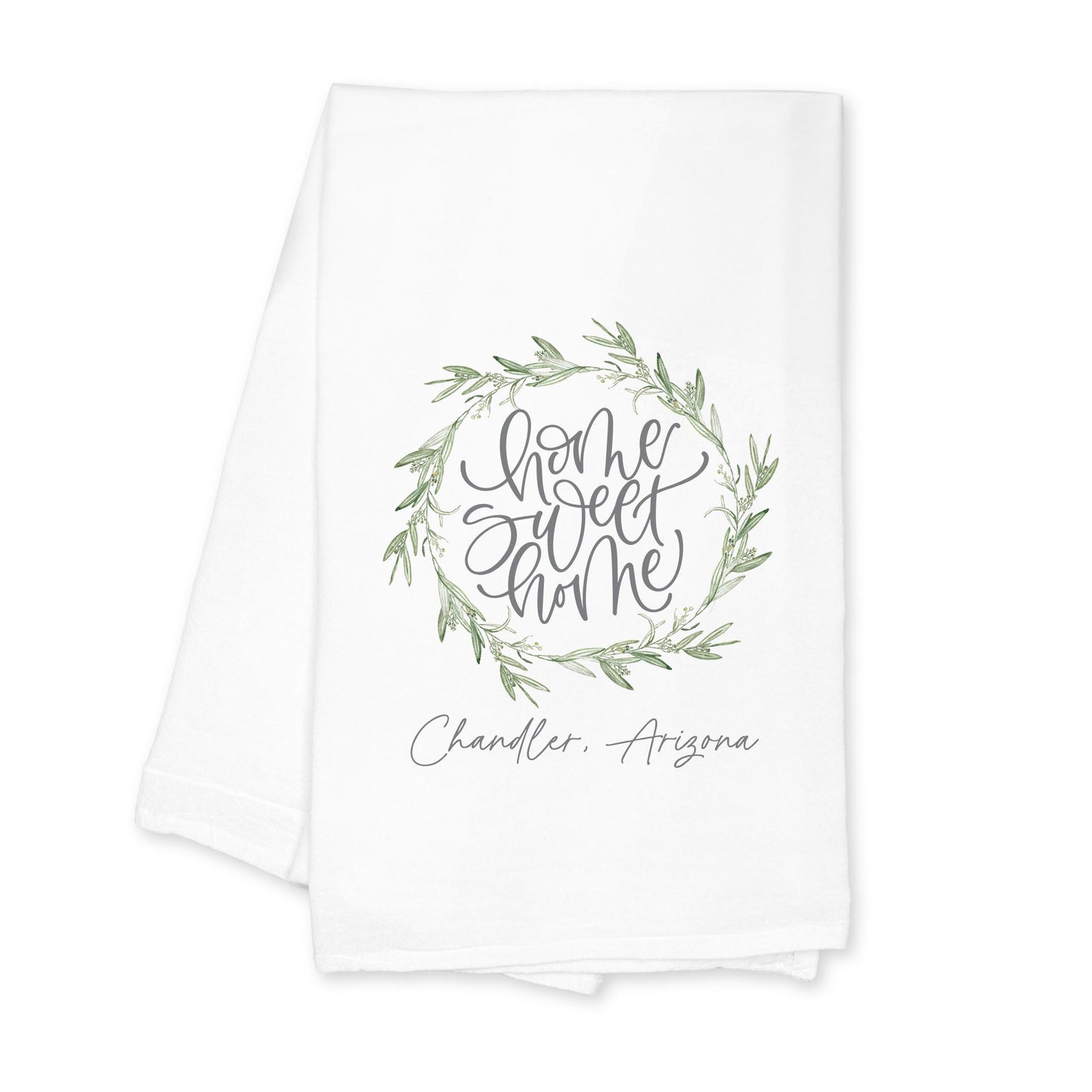 Cotton Tea Towel White-Olive Wreath Home Sweet Home Chandler Arizona