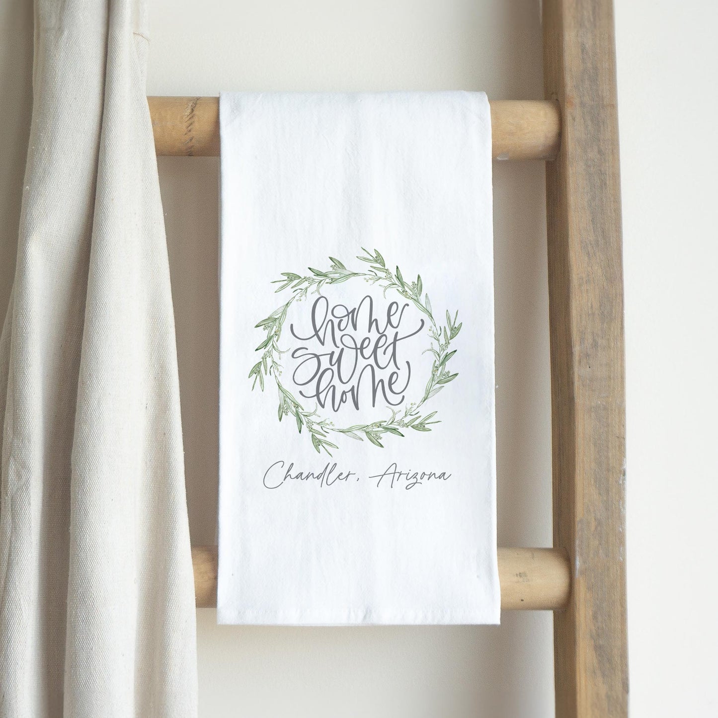 Cotton Tea Towel White-Olive Wreath Home Sweet Home Chandler Arizona