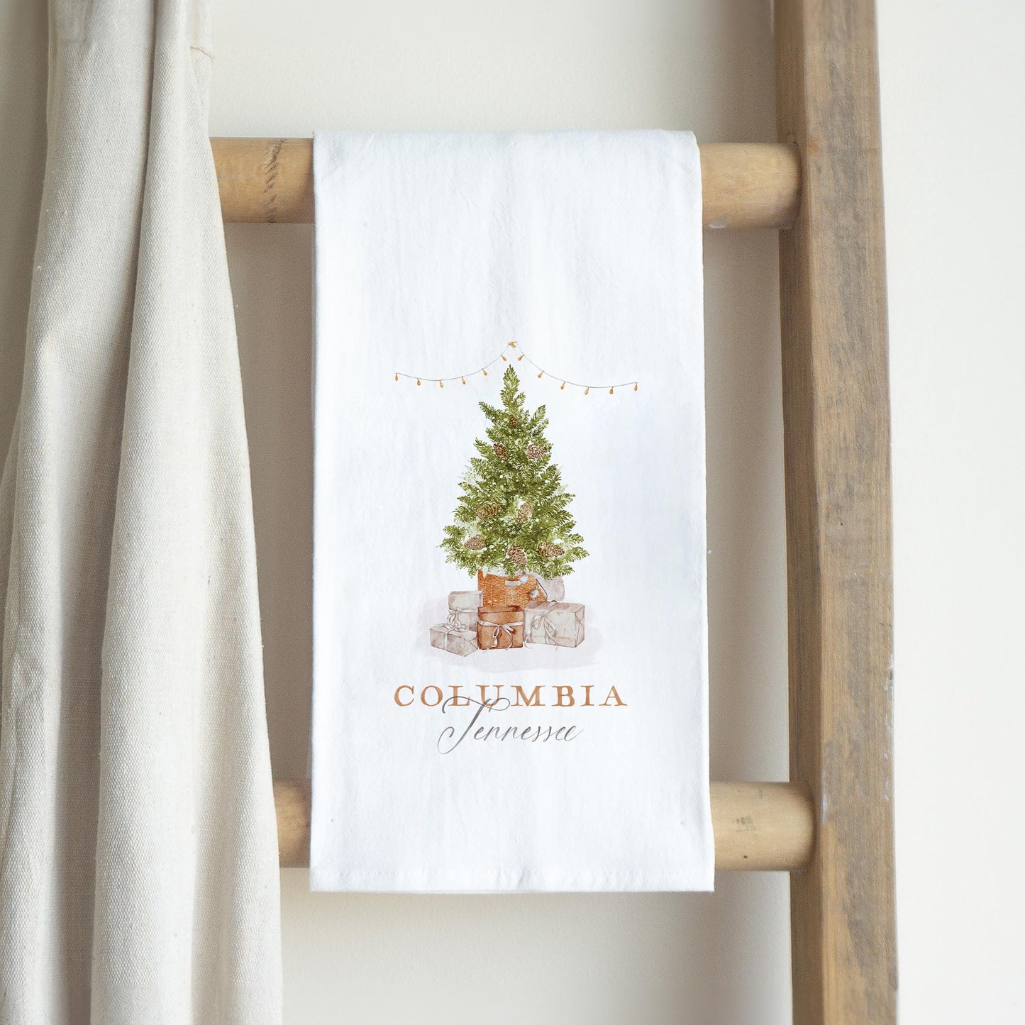 Cotton Tea Towel White-Christmas Cottage Tree Columbia Tennessee -2