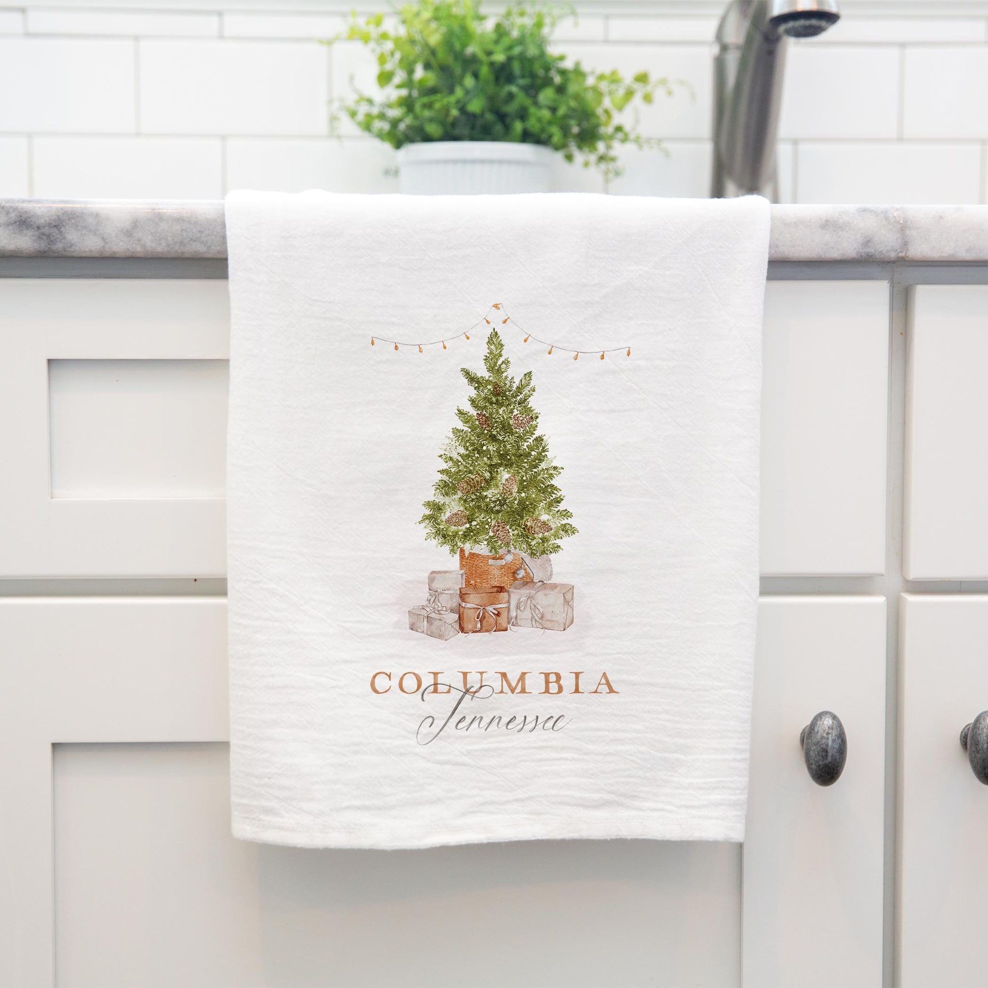 Cotton Tea Towel White-Christmas Cottage Tree Columbia Tennessee -3