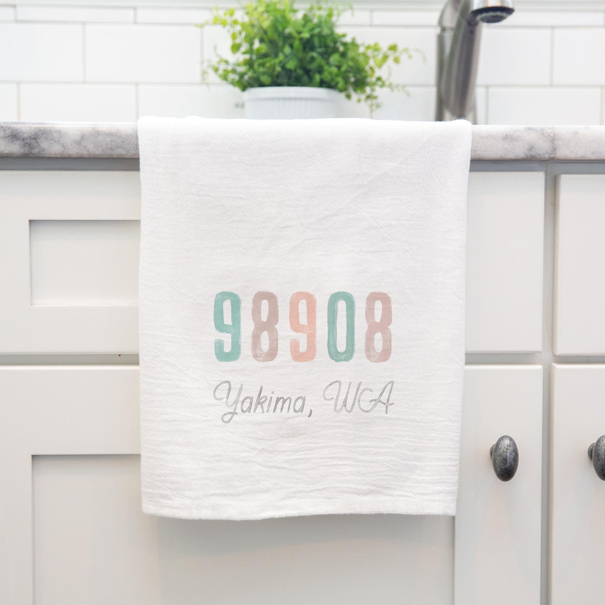 Cotton Tea Towel White-Watercolor Zip 98908 Yakima Washington (Coastal Wave) -3