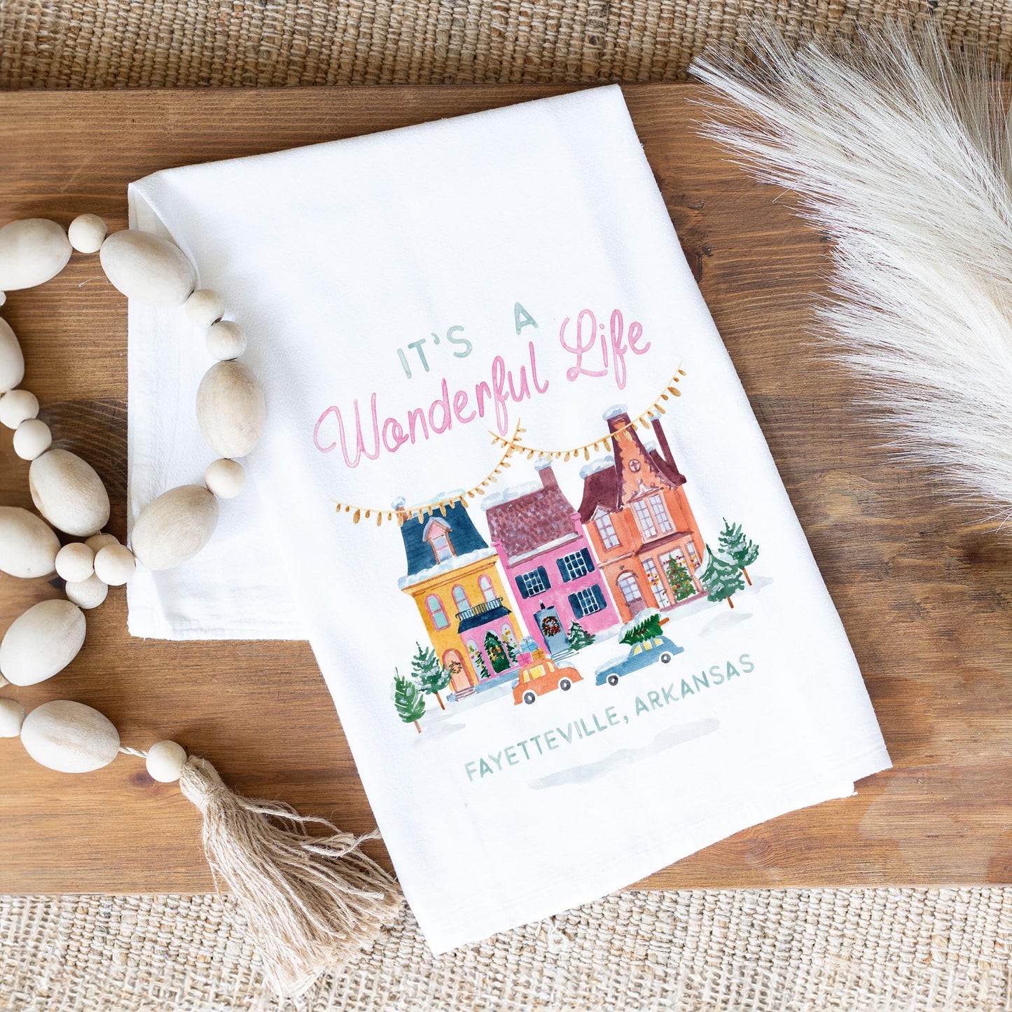 Cotton Tea Towel White-It's A Wonderful Life Fayetteville Arkansas