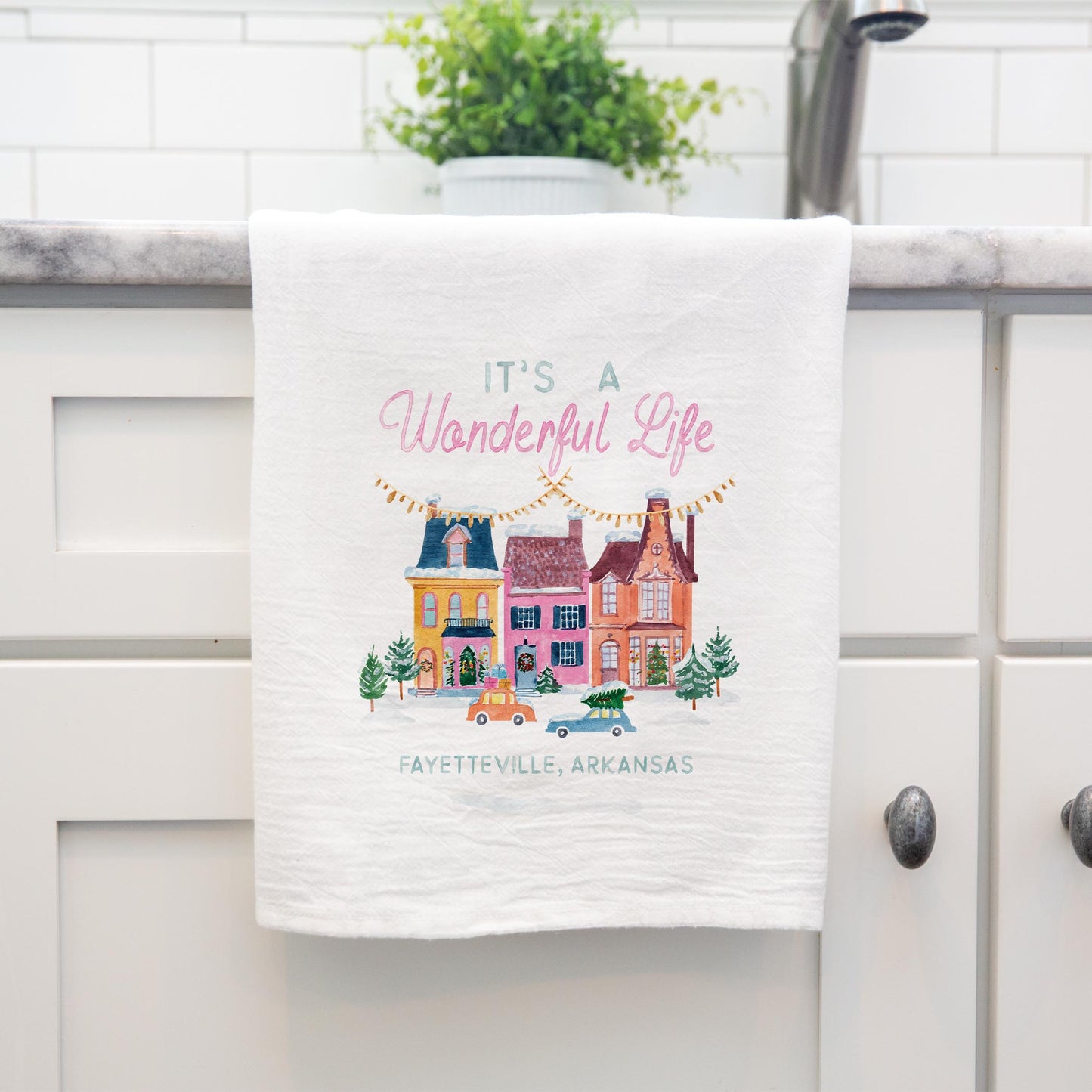 Cotton Tea Towel White-It's A Wonderful Life Fayetteville Arkansas
