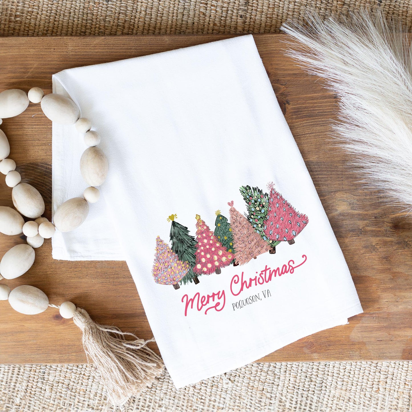 Cotton Tea Towel White-Pink Trees Poquoson Virginia -1