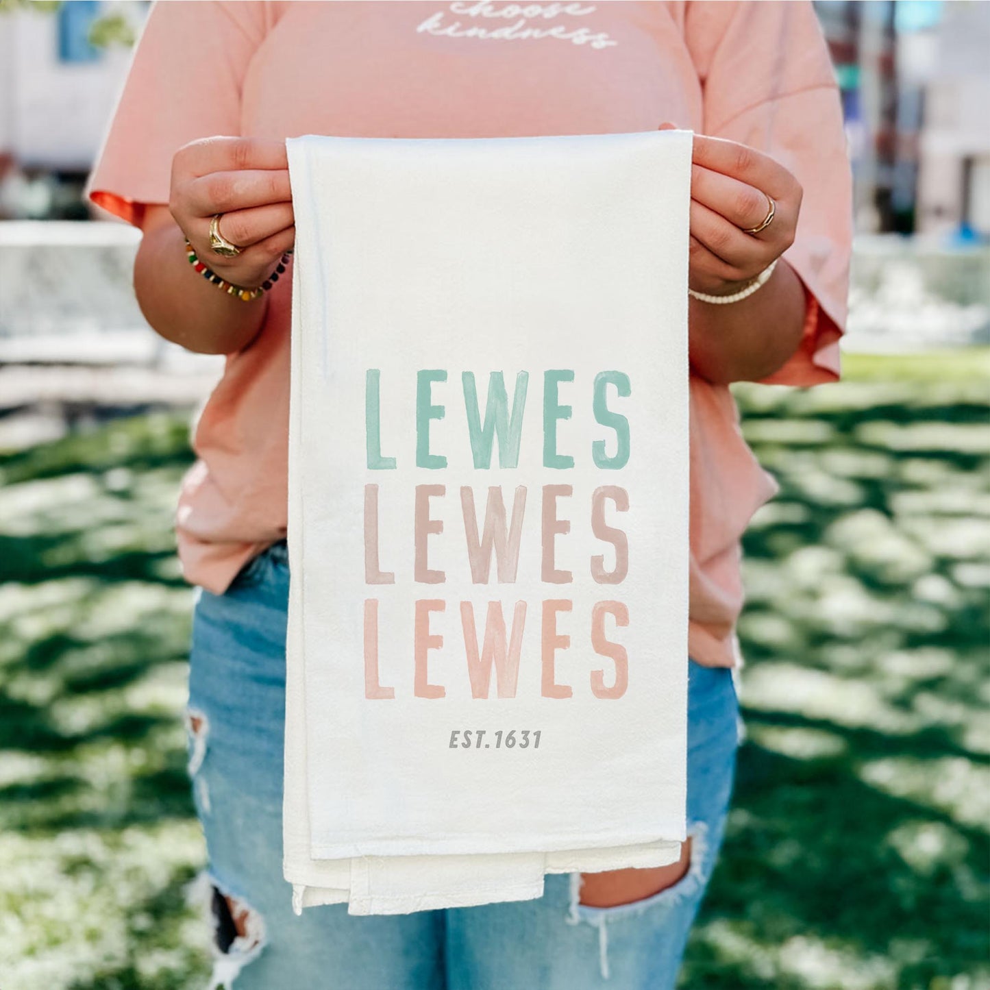Cotton Tea Towel White-Watercolor Coastal Wave Lewes est. 1631 -4