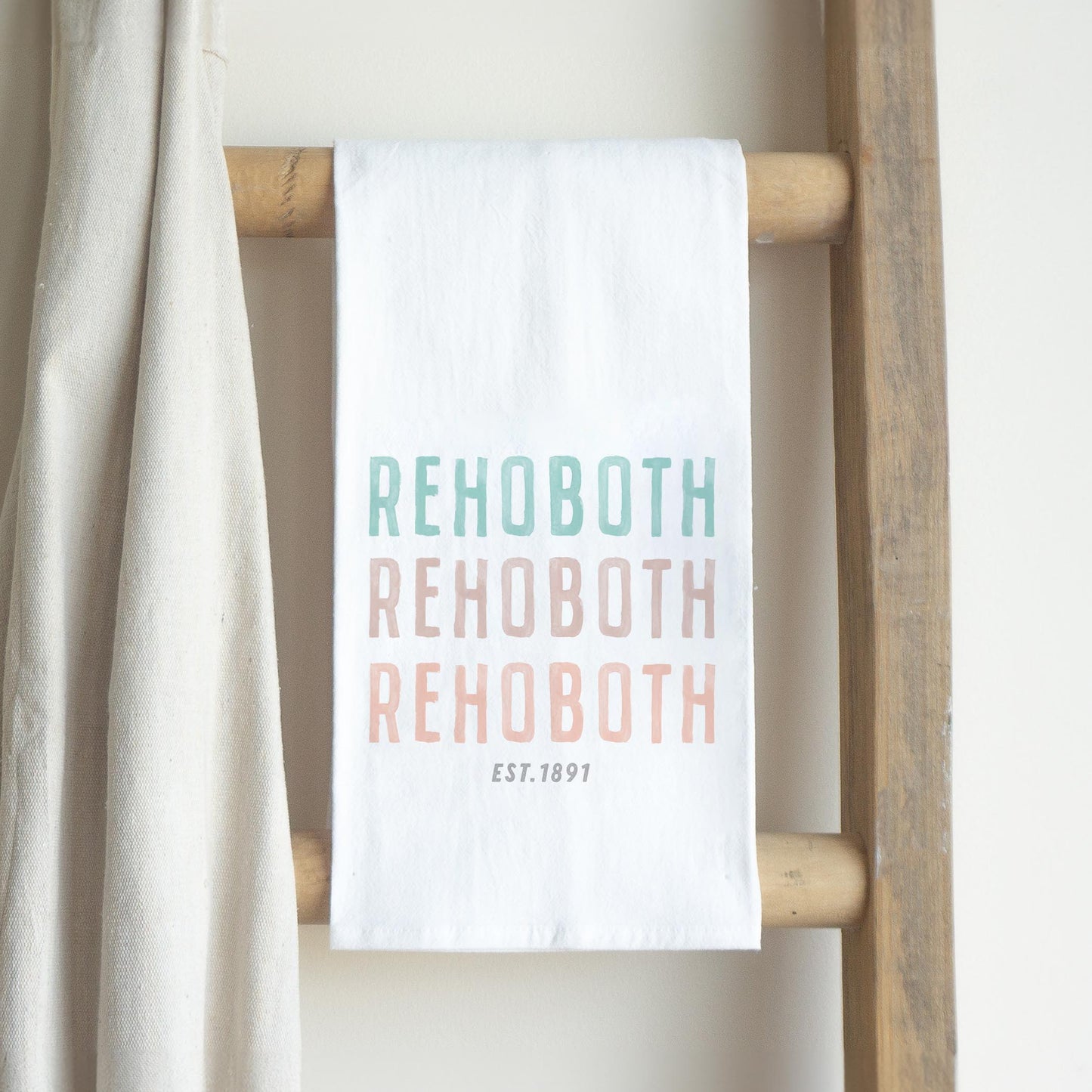 Cotton Tea Towel White-Watercolor Coastal Wave Rehoboth est. 1891 -2
