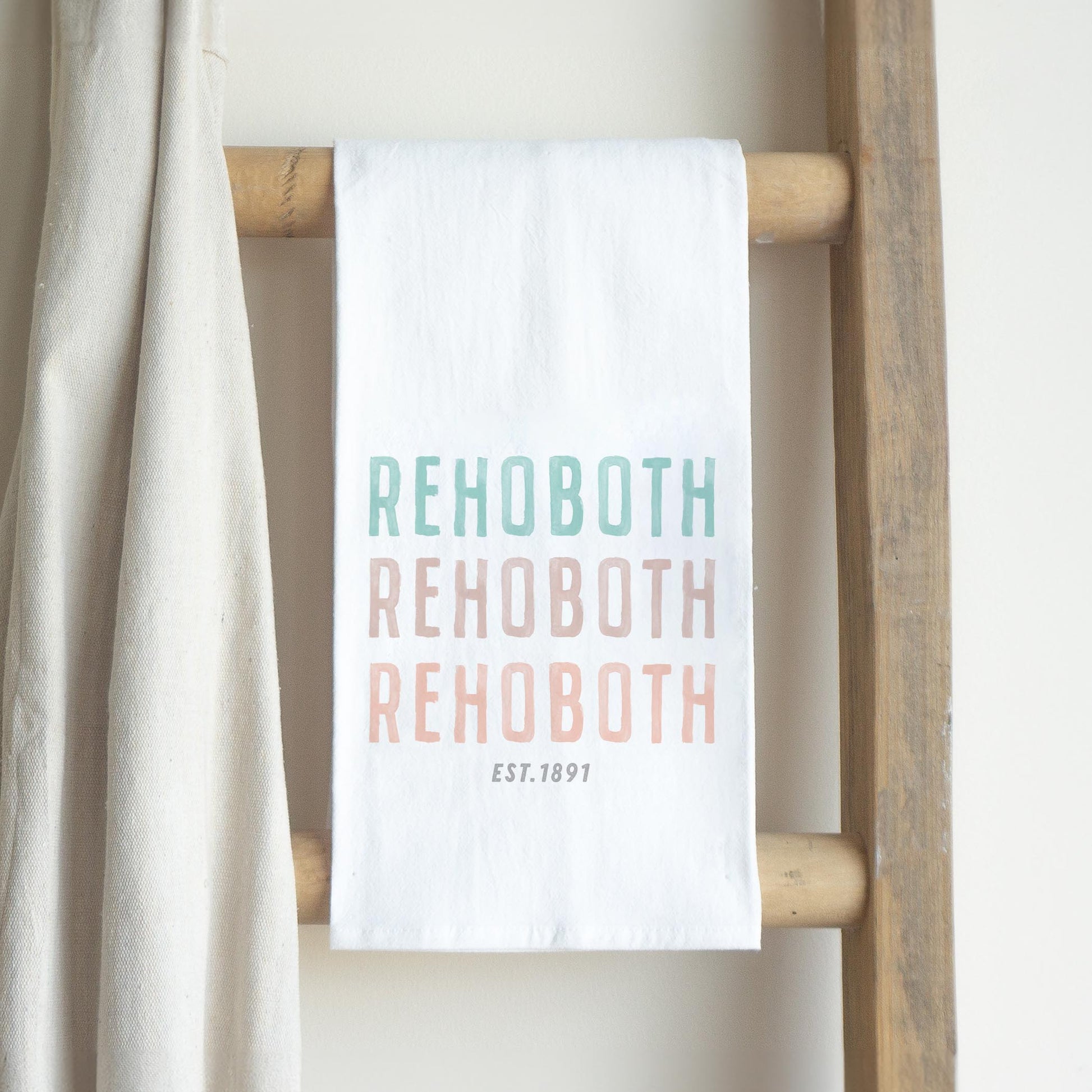 Cotton Tea Towel White-Watercolor Coastal Wave Rehoboth est. 1891 -2