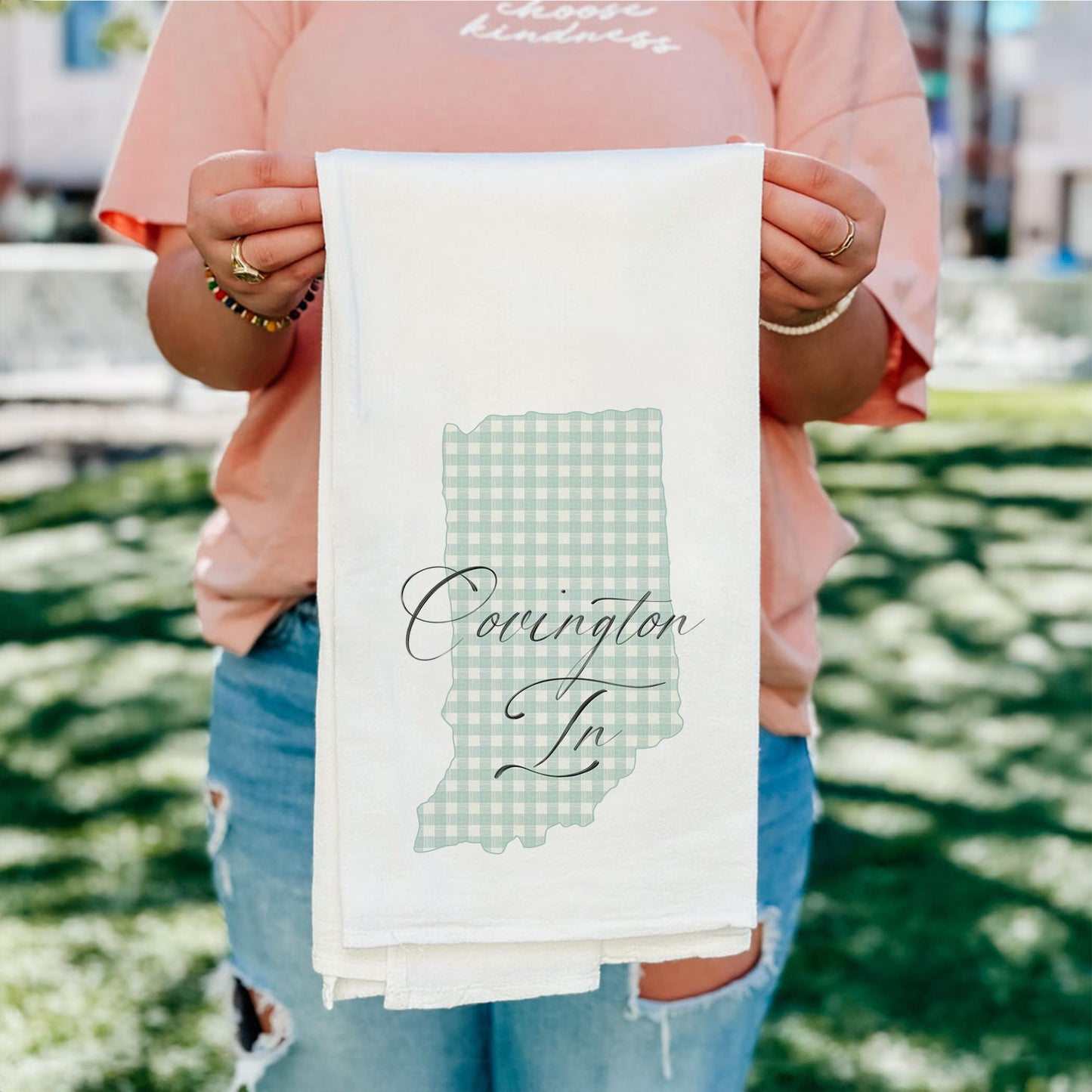 Cotton Tea Towel White-Mint Checker State Covington Indiana -4