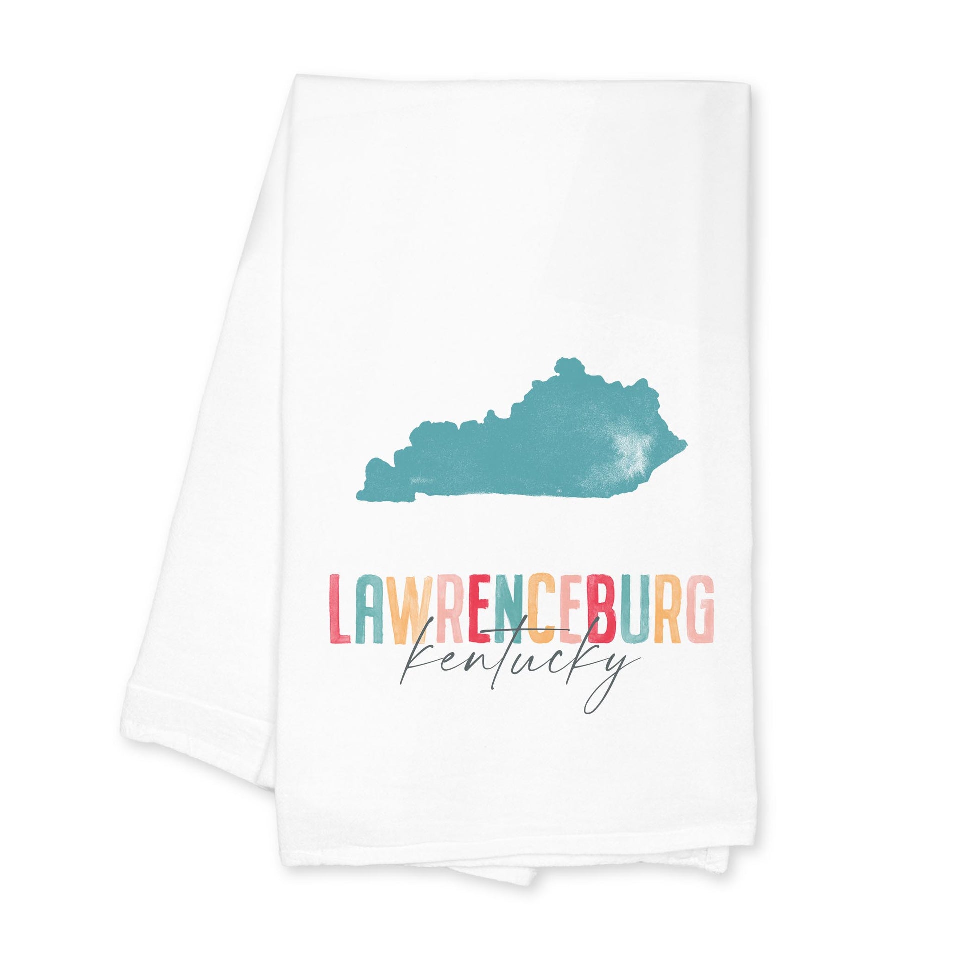 Cotton Tea Towel White-Watercolor City Lawrenceburg Kentucky -0