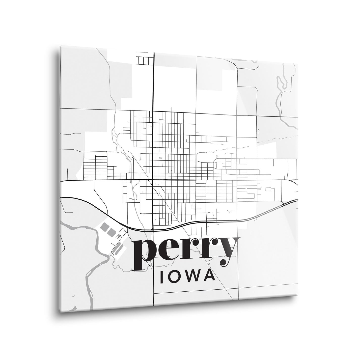 8x8 Glass Plaque-Black & White Light Map Perry Iowa