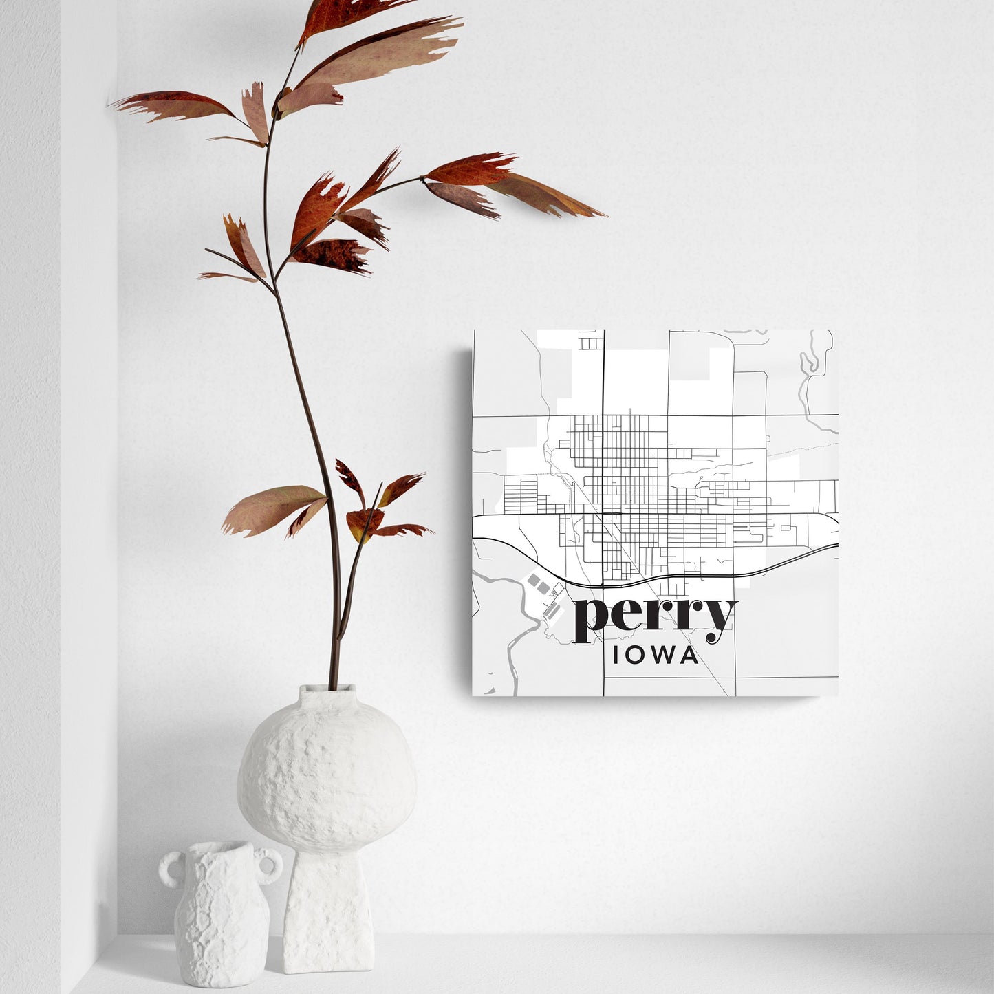 8x8 Glass Plaque-Black & White Light Map Perry Iowa
